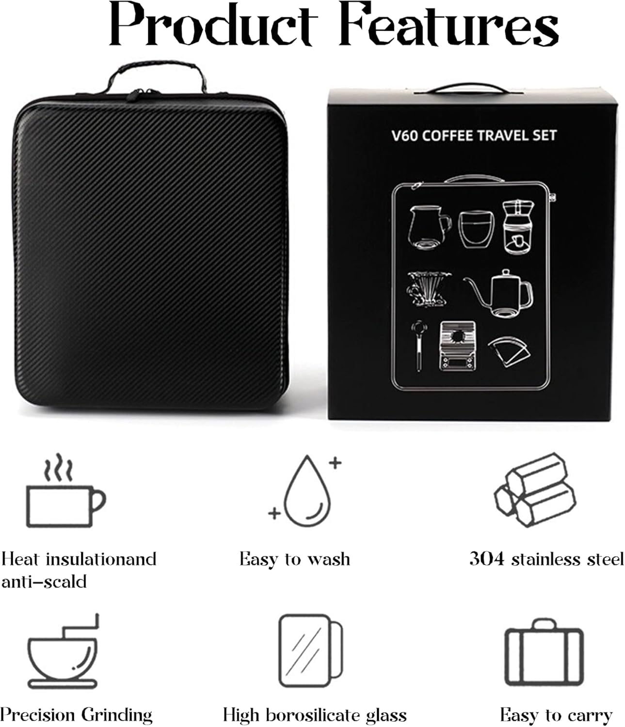 Premium Pour Over Coffee Maker Set - Stainless Steel Manual Coffee Grinder, Glass Dripper & Travel Bag - All-in-1 Portable Camping Coffee Kit for Outdoor Adventures, Home Brewing & Perfect Gifts for Coffee Lovers