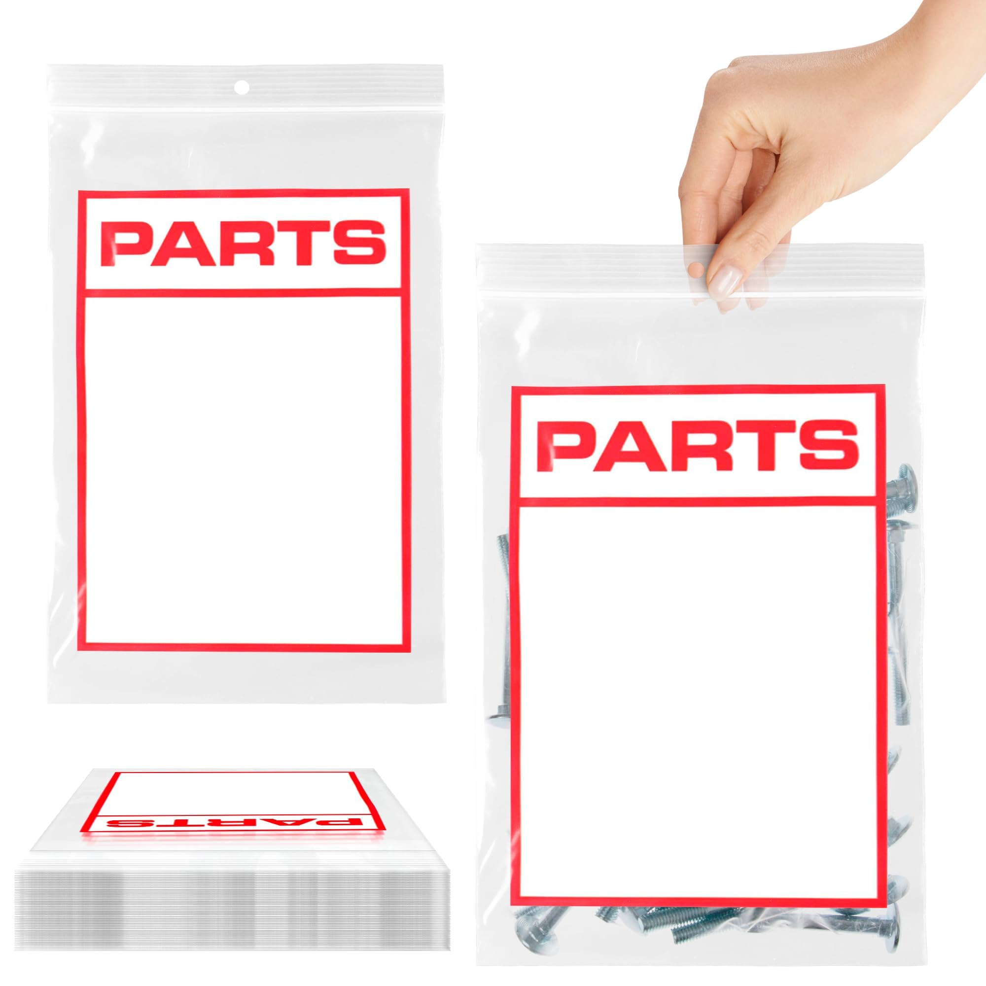 APQ 100 Pack 6x9 Inch Heavy Duty 4 Mil Resealable Zip Lock Bags with Hang Hole - White Printed 'Parts' Storage Poly Bags for Organizing Small Parts, Crafts & Office Supplies