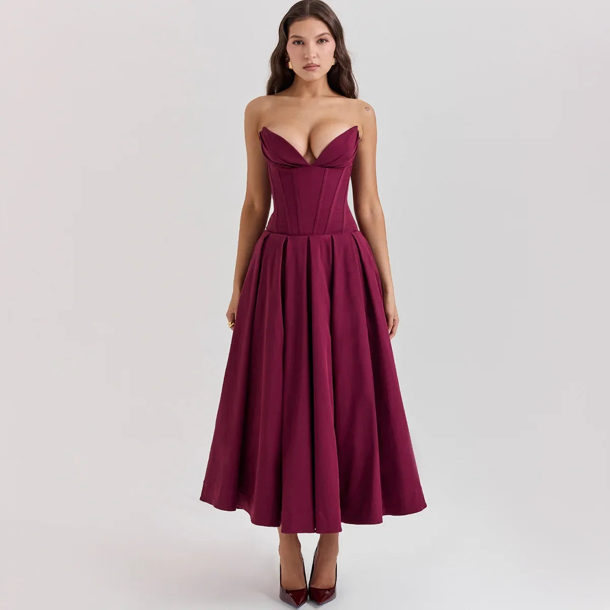 Elegant Black Strapless Corset Midi Dress for Women - Sexy Wedding, Christmas Party & Formal Events - 2023 Fashion Clothing for Special Occasions & Evening Gatherings