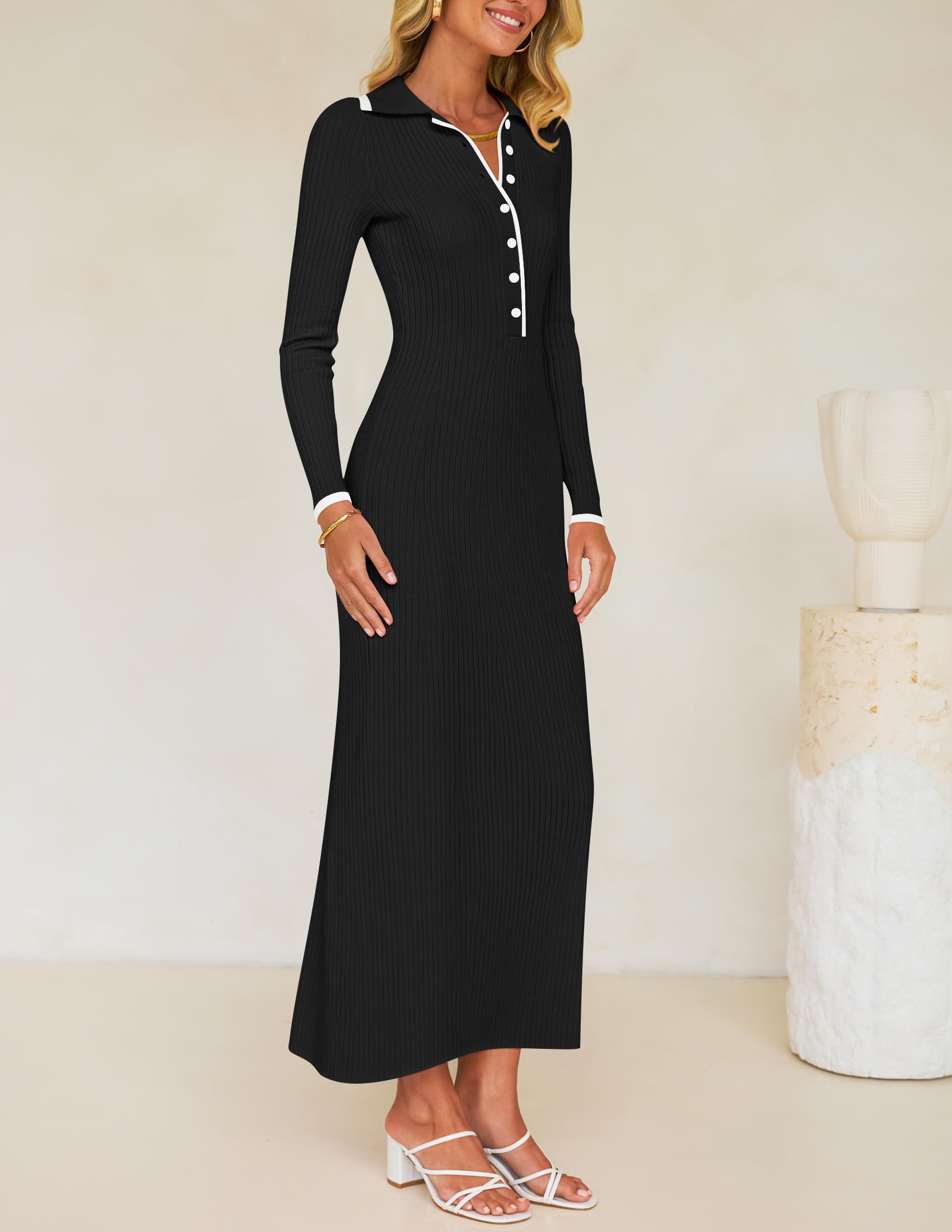 ZESICA Women's Long Sleeve Sweater Dress 2025 - V Neck Ribbed Knit Bodycon Maxi Dress for Spring | Casual, Formal & Cocktail Party Wear | Office, Date Night, Holiday Outfits