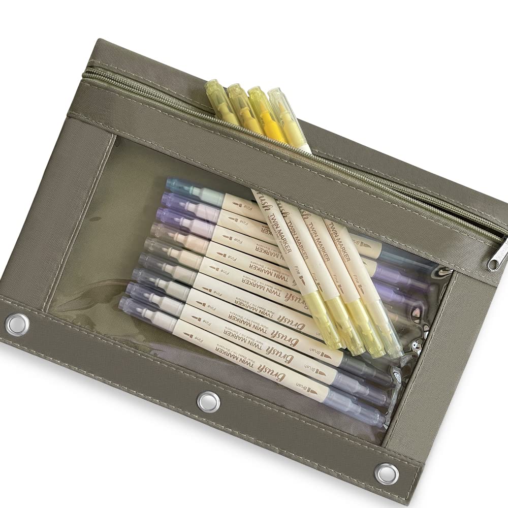3-Pack Dark Grey 3-Ring Binder Pencil Pouch with Zipper Closure - Large Capacity Clear Window Pencil Case with Reinforced Grommets for School, Office & College Organization Supplies