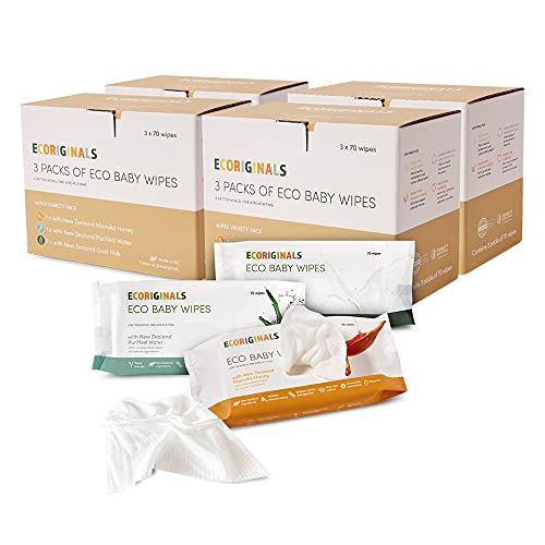 Ecoriginals Natural Bamboo Baby Wipes Variety Pack - 100% Biodegradable, Hypoallergenic & Chemical-Free (12 Pack: Honey, Goat Milk & NZ Water) - Gentle for Newborn Skin, Perfect for Diaper Changes, Travel & On-the-Go Cleaning