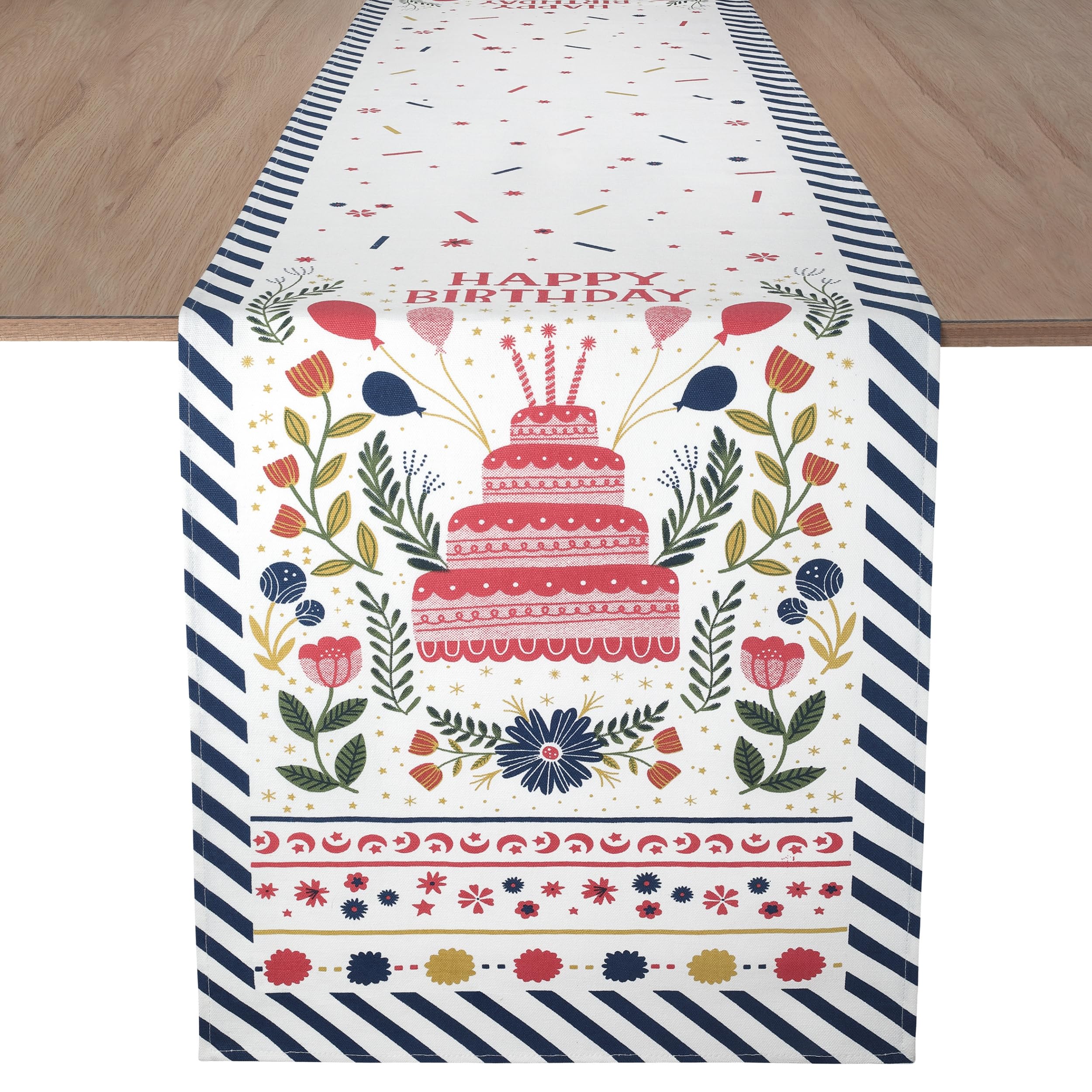 Folkulture 72 Inch Happy Birthday Table Runner - 100% Cotton Boho Table Decor for Birthday Parties, Baby Showers & Special Events - Perfect for Dining Tables, Buffets & Celebration Decorations