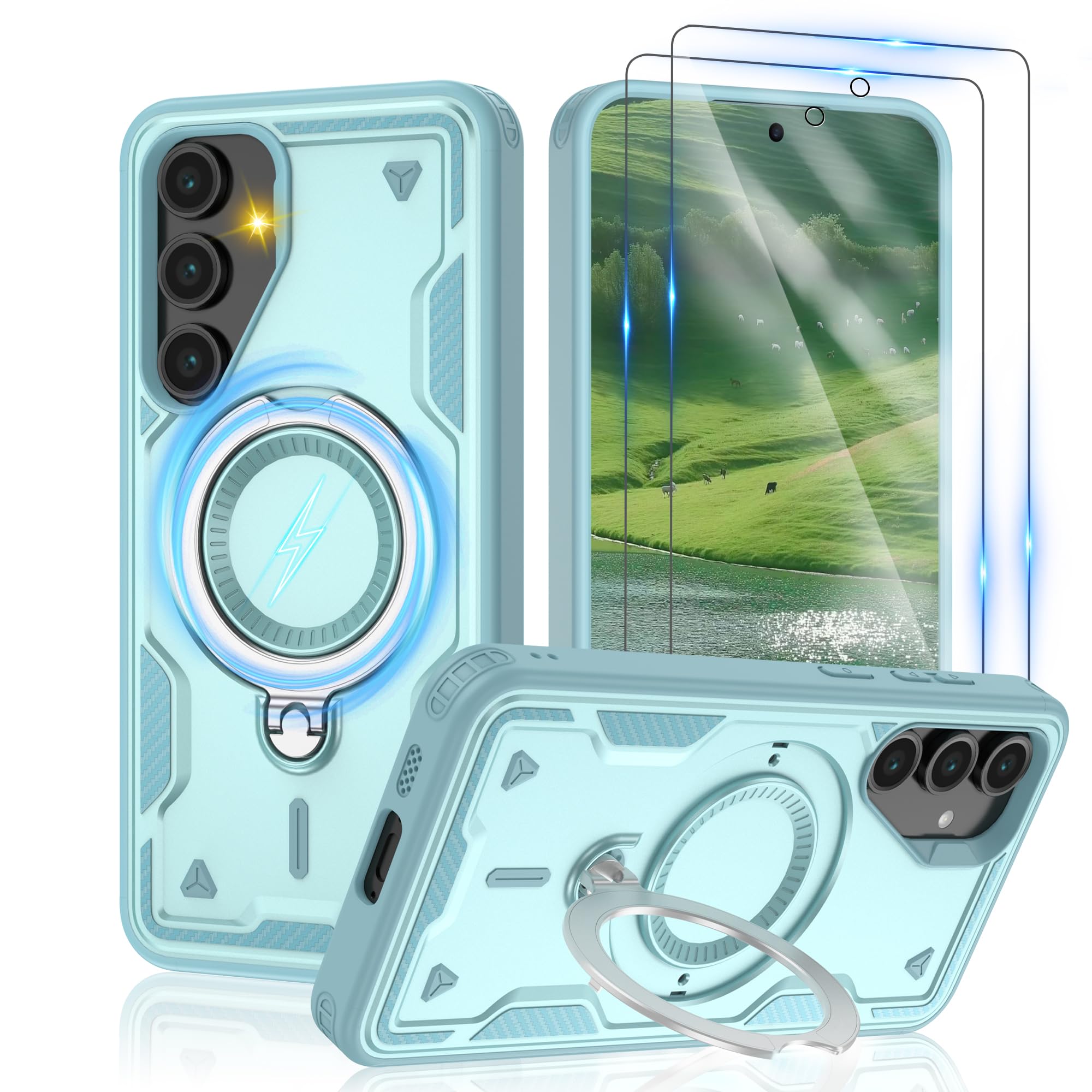 Samsung Galaxy S24 FE Case with MagSafe Compatibility, Military-Grade Drop Protection, HD Screen Protector (2-Pack), Rotating Metal Kickstand & Anti-Fingerprint Design - Baby Blue - Perfect for Work, Travel & Everyday Protection