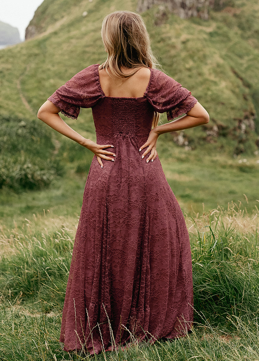 Julietta Women's Elegant Mahogany Dress for Evening Parties, Weddings & Special Occasions | Flowy A-Line Formal Gown with V-Neck & Long Sleeves