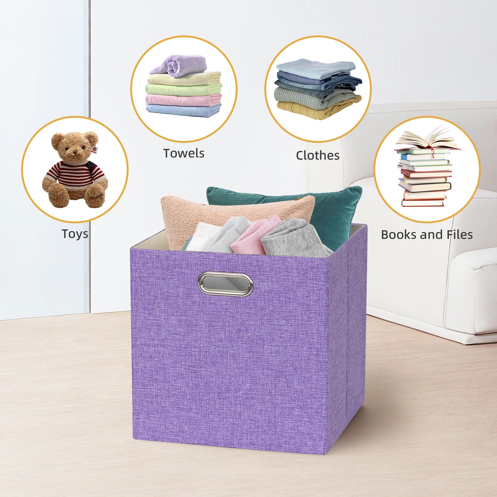 4-Pack Collapsible Linen Storage Cubes - 13x13x13 Inch Fabric Bins for Kallax Shelves, Cabinets & Closet Organization - Foldable Home Decor Storage Boxes for Bedroom, Nursery & Laundry Room (Purple)