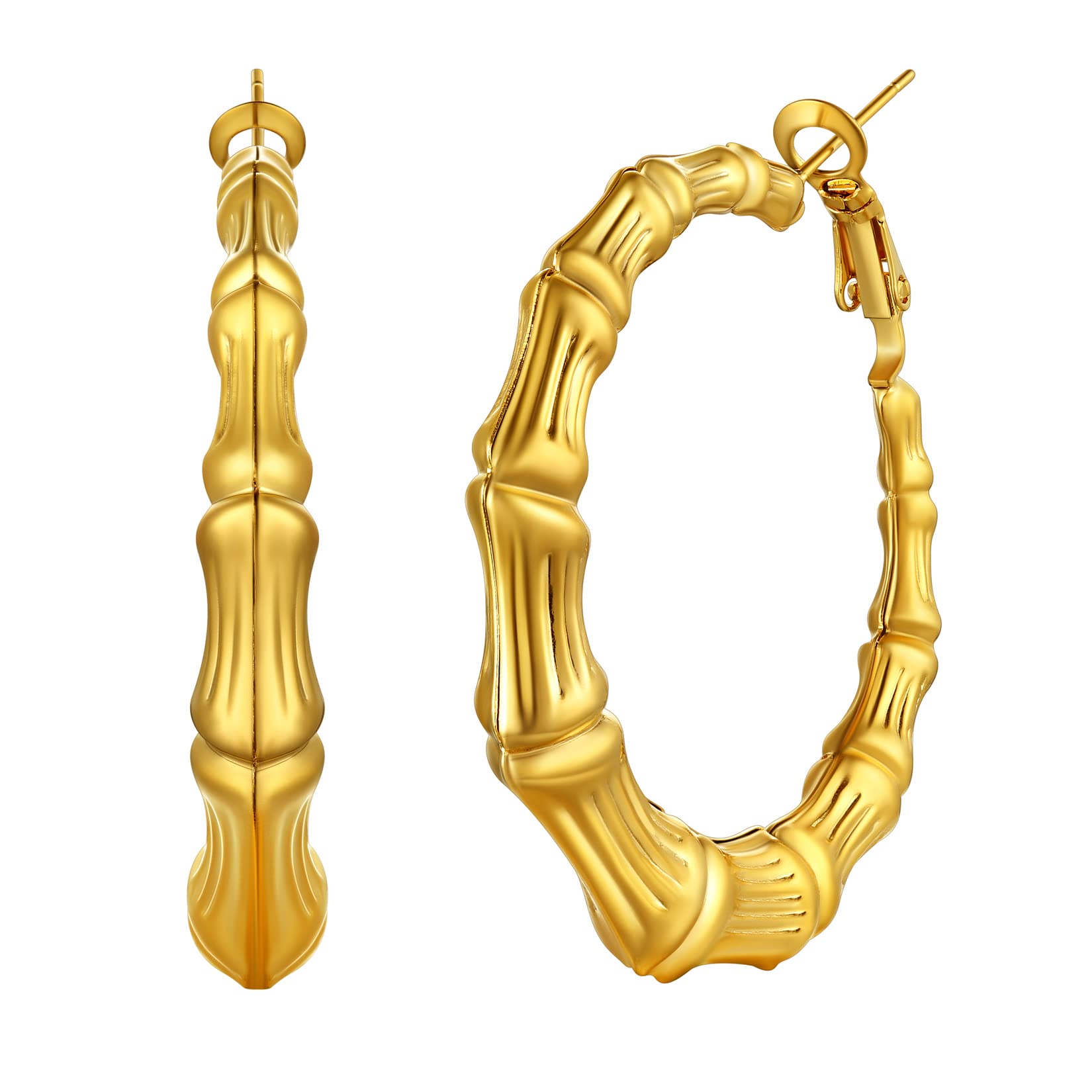U7 Bamboo Hoop Earrings for Women - Stainless Steel, Personalized Black & 18K Gold Plated Statement Large Hoop Earrings | Hip Hop Name Jewelry for Party & Fashion | Gift Packed | Perfect for Night Out, Concerts & Special Occasions