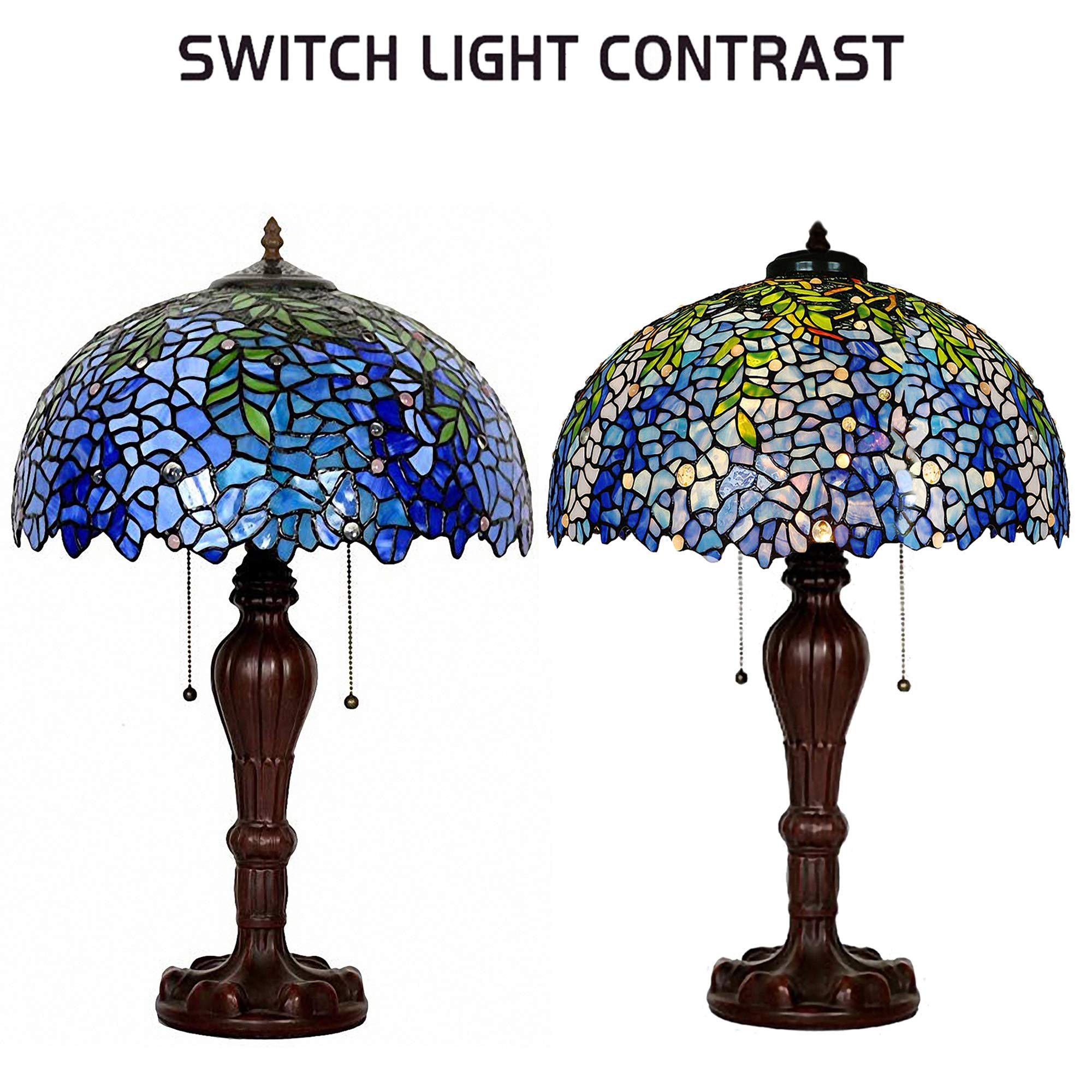 Tiffany Style Stained Glass Purple Wisteria Table Lamp - 16 Inch Handmade Zinc Alloy Base with Brown Round Shade | Elegant Home Decor for Living Room, Bedroom & Office Lighting