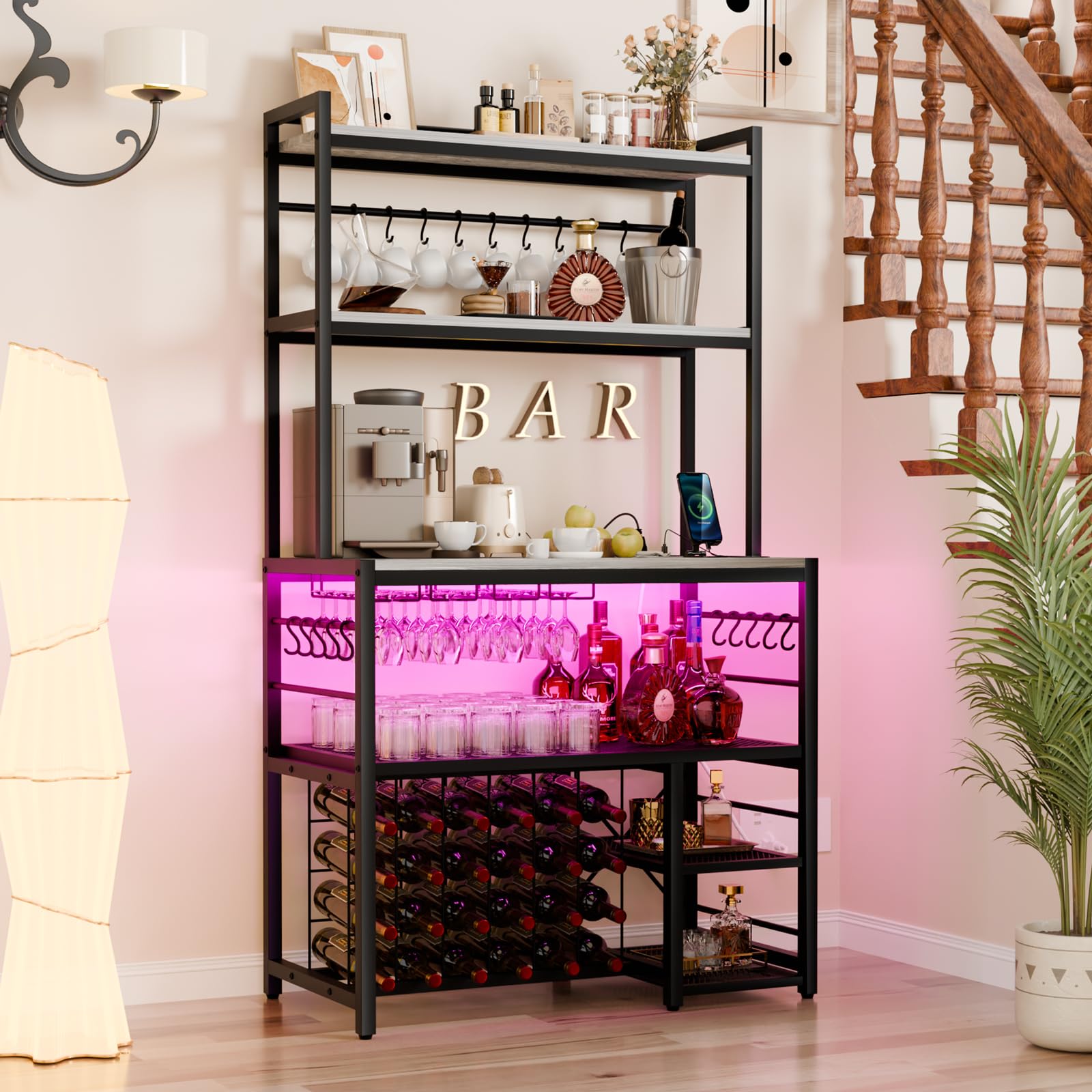 Freestanding Wine Bar Cabinet with Outlet & LED Lights - 4-Tier Movable Storage Shelf, Glass Holder - Durable Kitchen & Dining Room Liquor Cabinet for Home Entertaining, Parties & Wine Storage