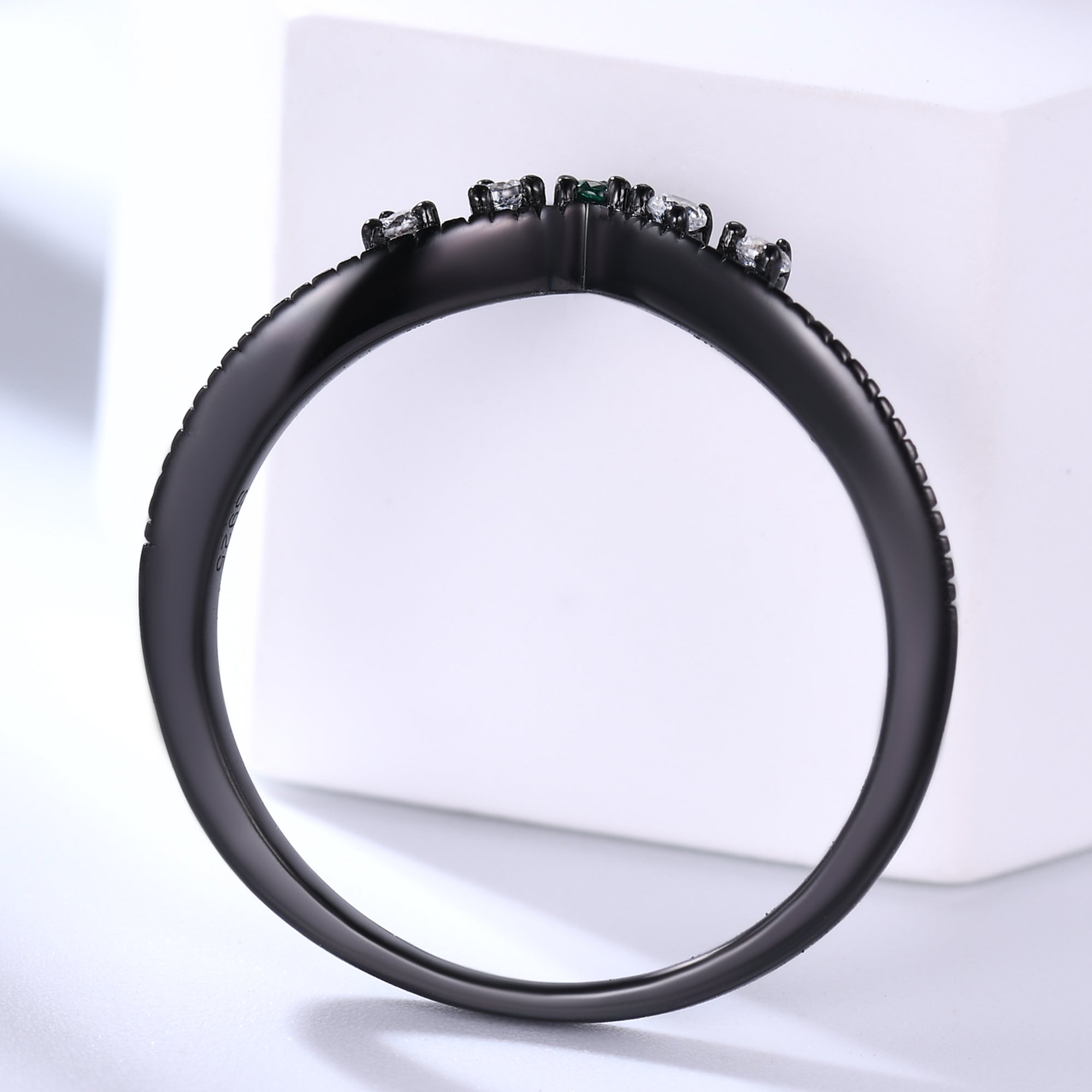 Emerald and Diamond Black Gold Wedding Ring V Chevron Band - Elegant Bridal Jewelry for Women, Perfect for Engagement, Anniversary & Special Occasions