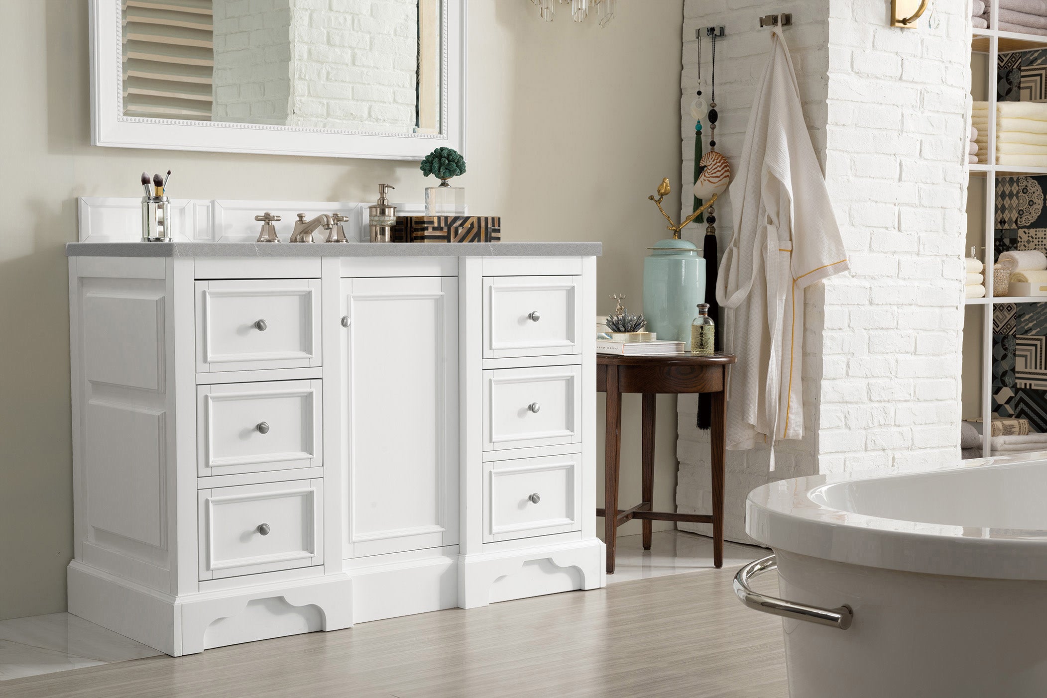 De Soto 48 Inch Single Bathroom Vanity with 3CM Eternal Serena Quartz Top in Bright White - Perfect for Modern Bathrooms, Powder Rooms & Home Renovations