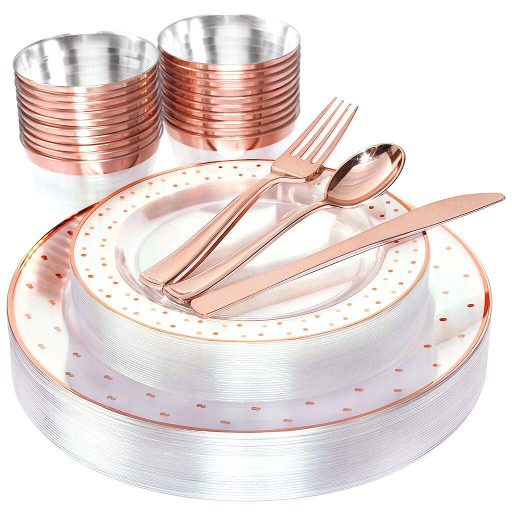 25-Piece Rose Gold Plastic Dinnerware Set - Disposable Plates, Silverware & 9oz Cups for Parties, Picnics, BBQs - Includes 25 Dinner Plates, Salad Plates, Forks, Knives, Spoons & Cups
