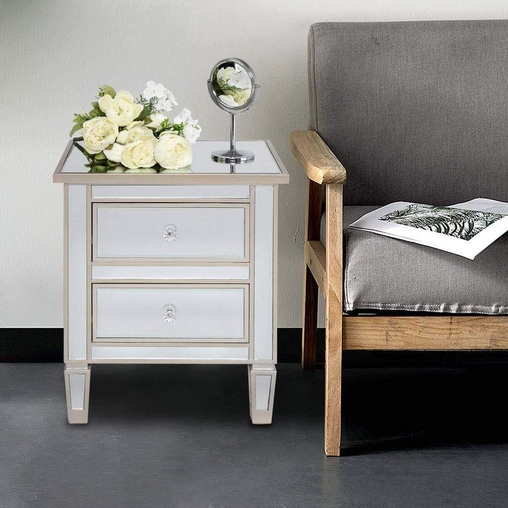 Mirror Finished 2 Drawer Nightstand - Silver & Rose Gold Bedside Table with Storage | Perfect for Bedroom, Living Room & Small Spaces