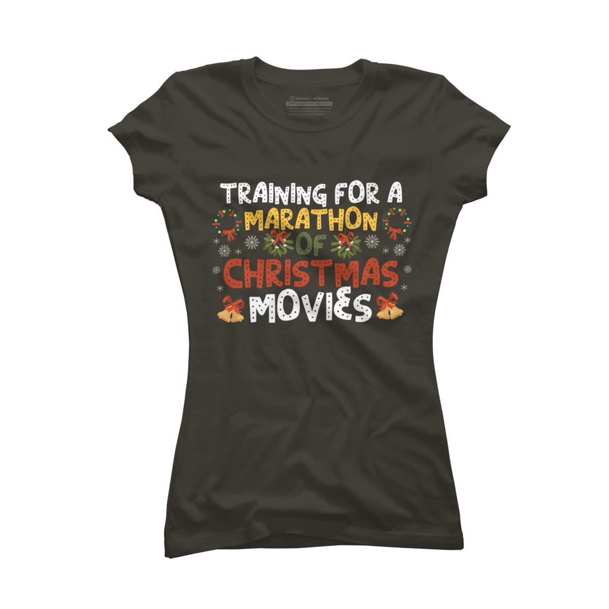 Design By Humans Junior's Marathon Christmas Movie Training T-Shirt - Soft Cotton Tee for Holiday Movie Nights & Festive Family Gatherings