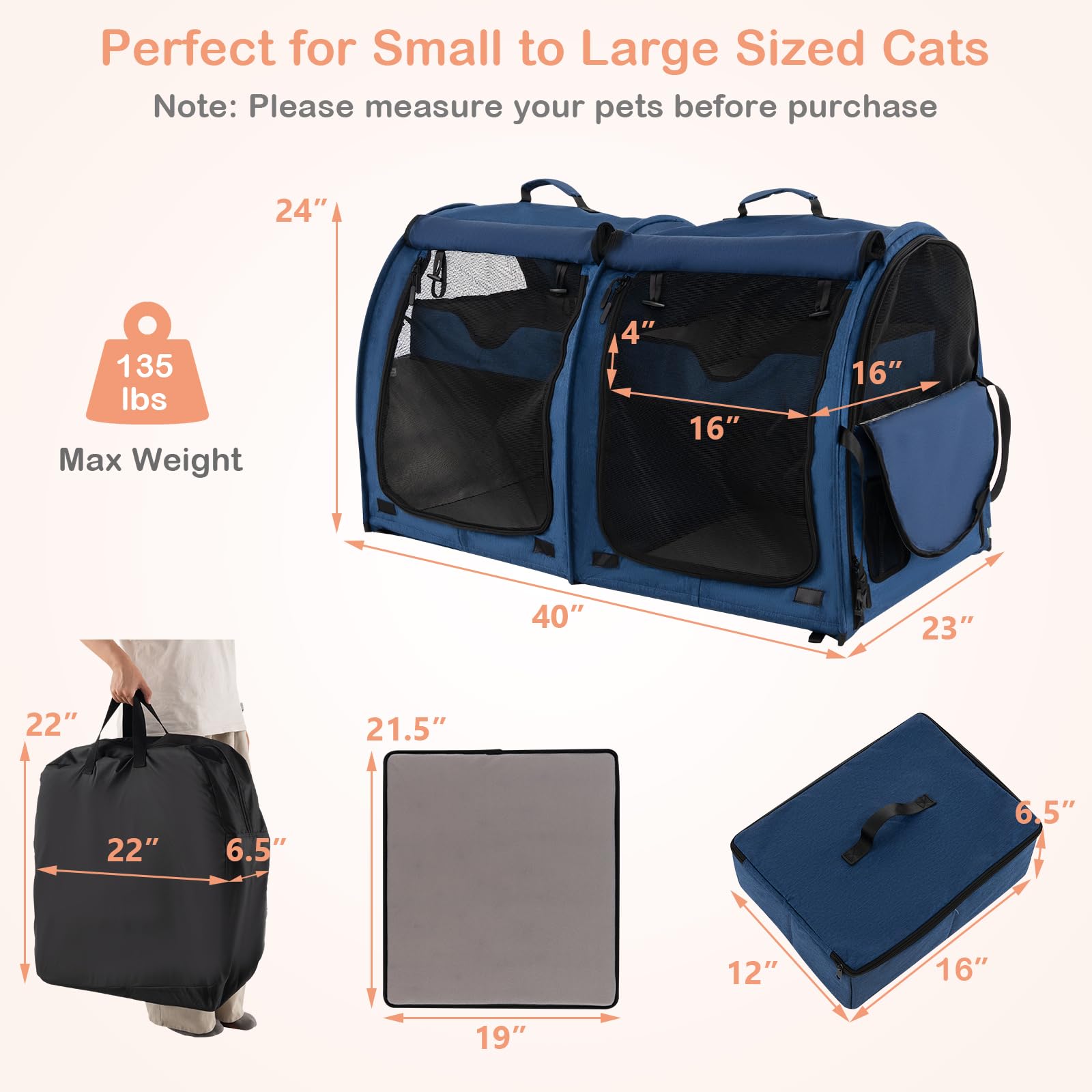 Giantex 40 Inch Large Cat Carrier with Double Compartments - Travel Litter Box Included, 2 Removable Hammocks & Mats - Portable Pet Kennel for Cats & Small Dogs - Comes with Carry Bag - Ideal for Car Travel, Camping & Vet Visits (Navy Blue)