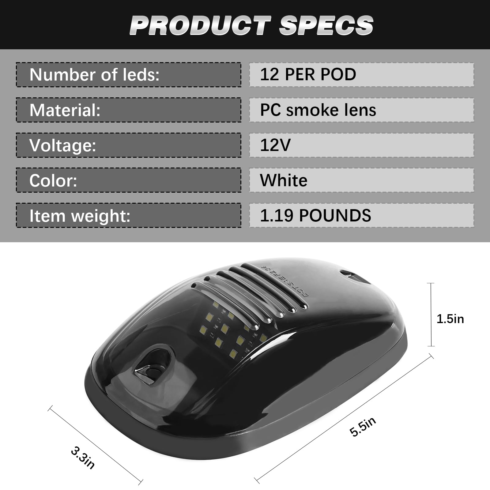 5pcs Smoked LED Cab Marker Lights - 12LED White Roof Top Clearance & Running Lights for 2003-2018 Dodge Ram 1500/2500/3500/4500/5500 Pickup Trucks | Durable Waterproof Design for Off-Road & Night Driving