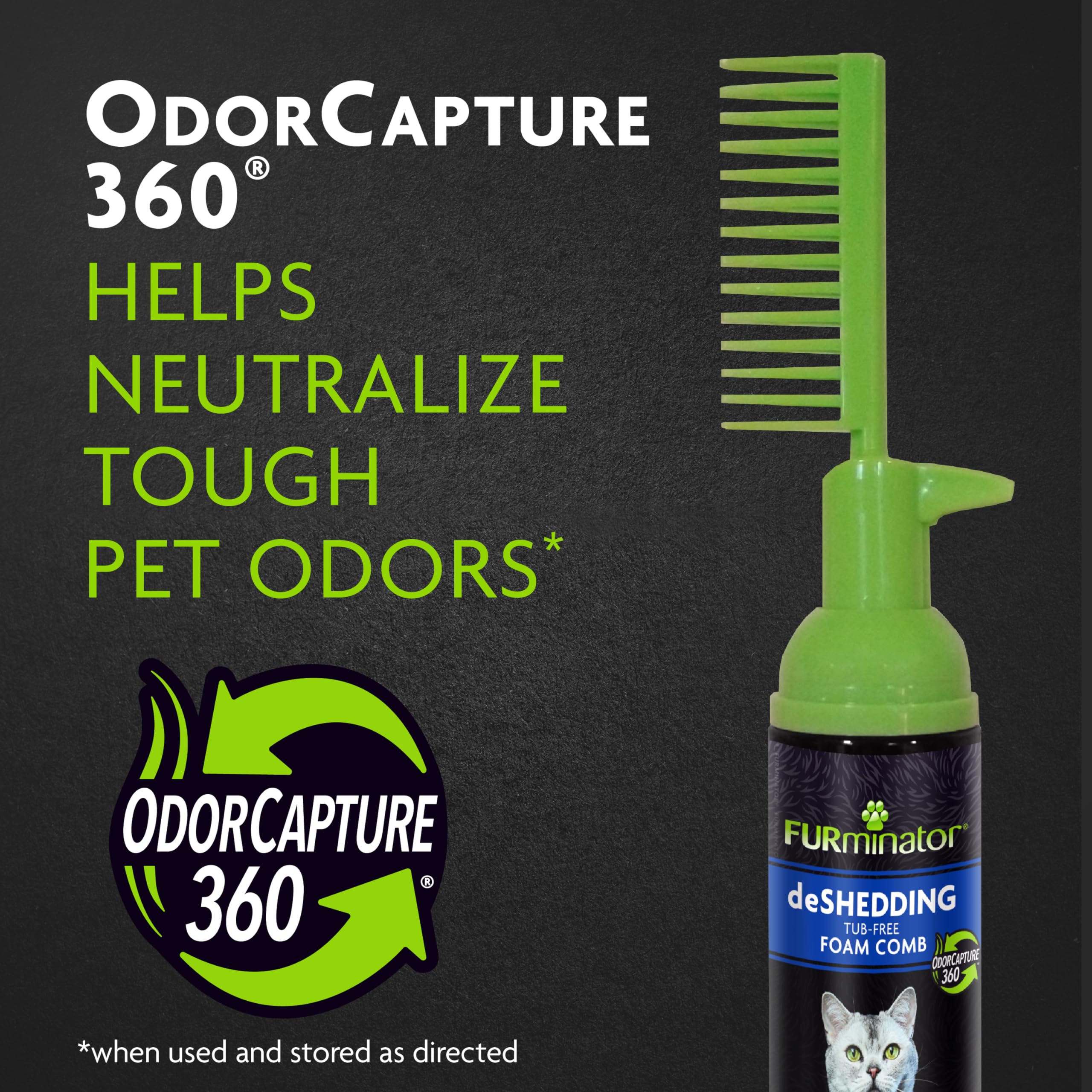 FURminator Tub-Free Deshedding Foam Comb for Cats - 3oz Grooming Brush Reduces Shedding, Freshens Coat & Eliminates Odors Without Rinsing - Perfect for Home Pet Grooming & Travel Use