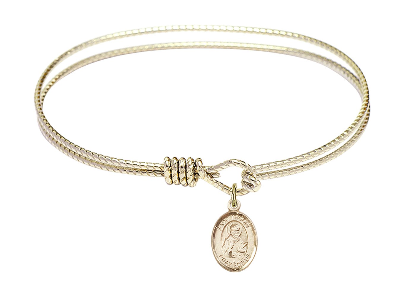 7 1/4 Inch Oval Eye Hook Bangle Bracelet with St. Isidore of Seville Charm - Elegant Religious Jewelry for Women, Perfect for Church, Weddings & Special Occasions