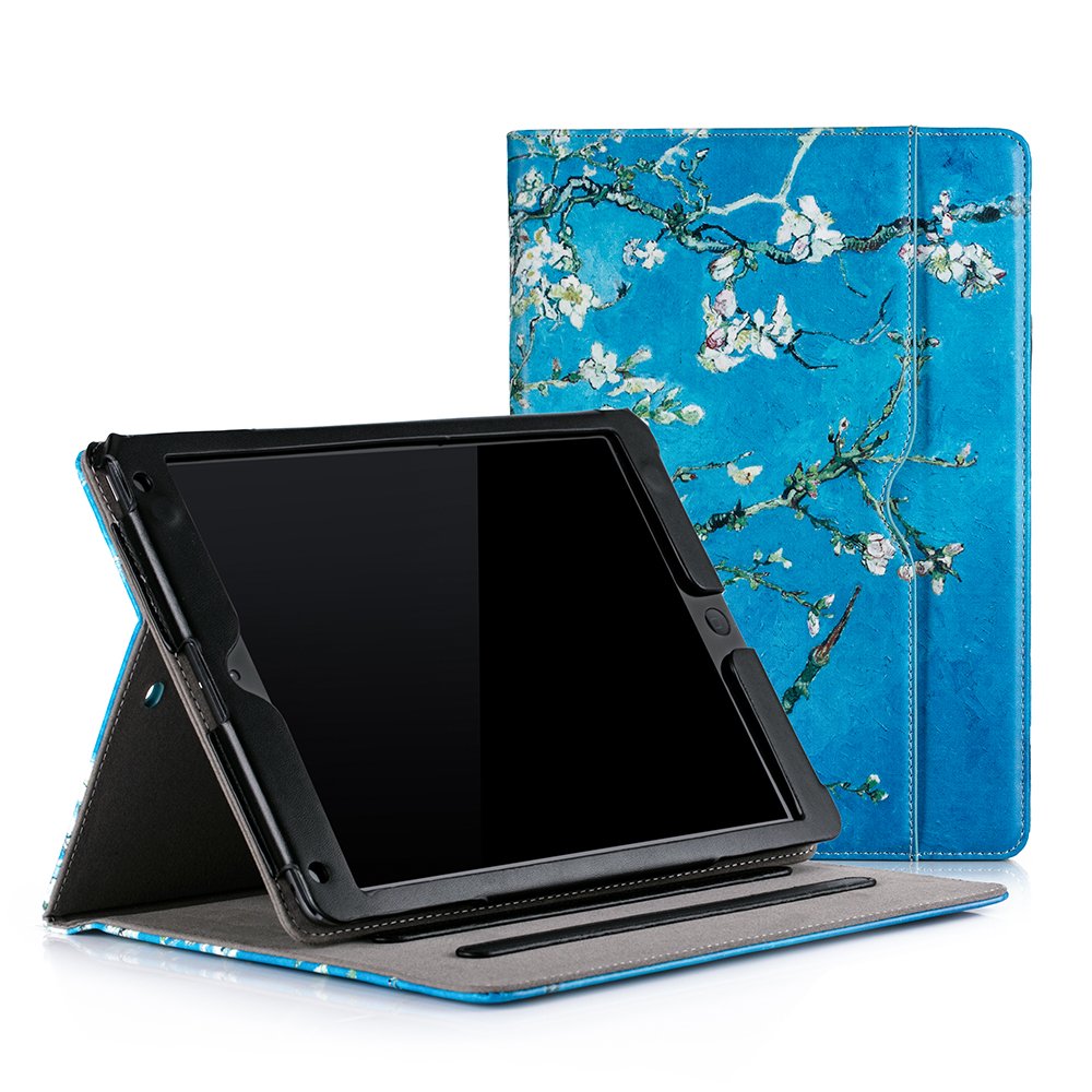 RUBAN iPad Case Compatible with iPad 9.7 Inch 2018/2017, iPad Air 2 & iPad Air 1 - Multi-Angle Folio Stand Cover with Corner Protection, Auto Wake/Sleep & Storage Pocket (Apricot Blossom) - Perfect for Work, School & Travel