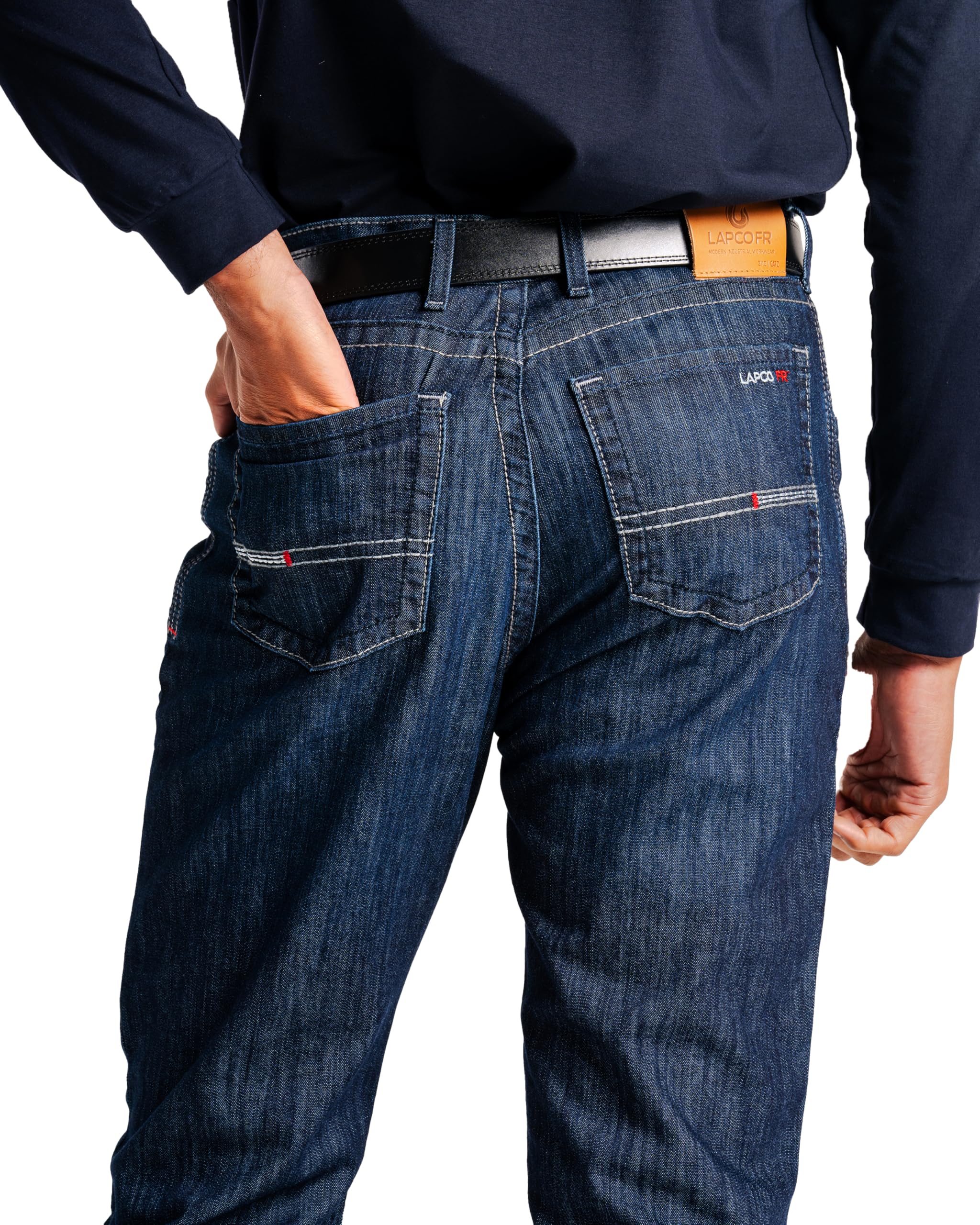 LAPCO FR Men’s Low Rise Flex Jeans - Flame Resistant Stretch Fit Work Pants, Medium Wash Denim for Construction & Industrial Safety