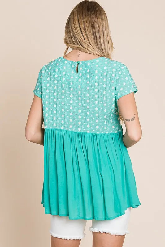 Women's Full Size Embroidered Mint Green Short Sleeve Pleated Babydoll Top - Casual Summer Blouse for Beach, Date Night & Everyday Wear