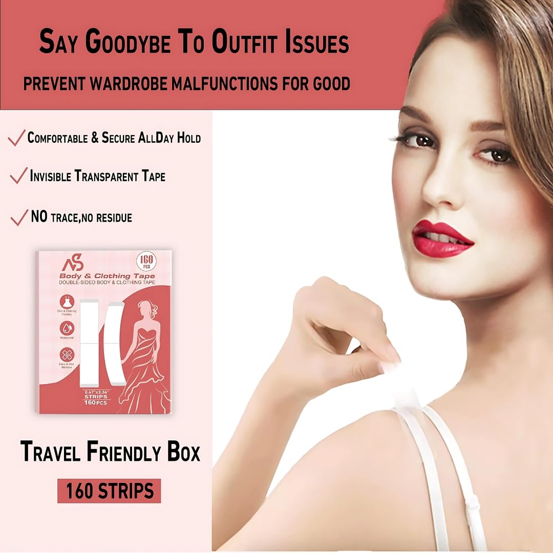 160 Strips Clear Double-Sided Body & Clothing Tape - Strong Hold Fabric Tape for Dresses, Skin-Safe Adhesive - Perfect for Wardrobe Fixes, Hemming & Fashion Emergencies