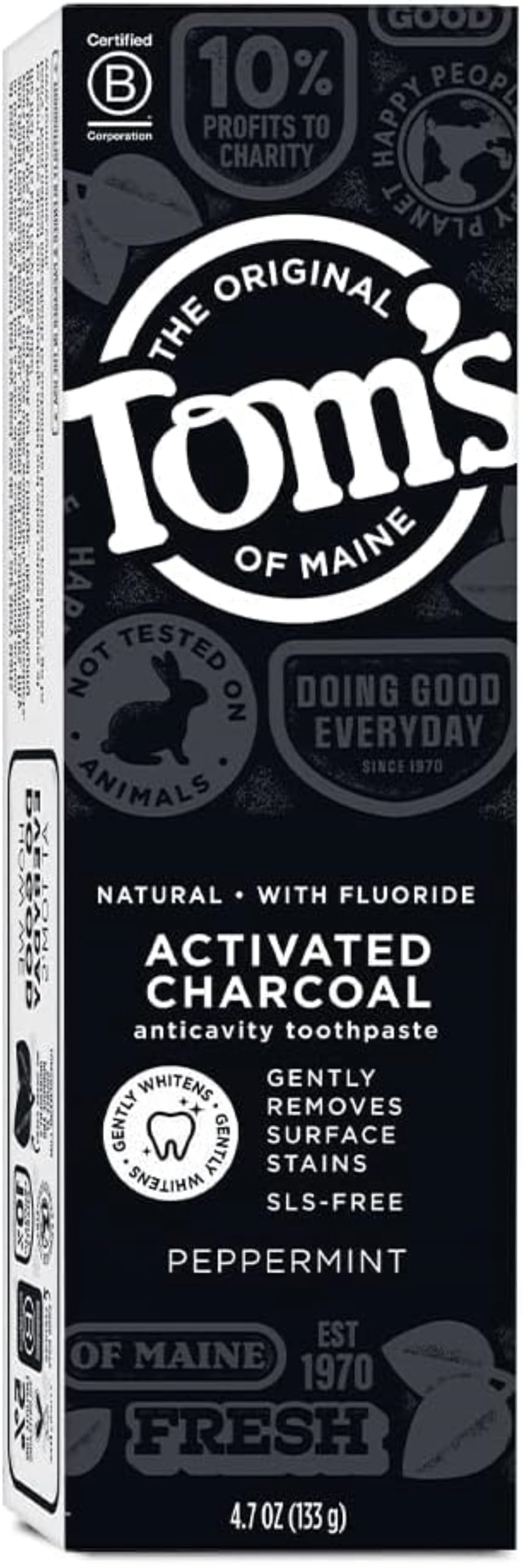 Tom's of Maine Activated Charcoal Whitening Toothpaste with Fluoride, Natural Peppermint Flavor, 4.7 oz (3-Pack) - Deep Stain Removal & Fresh Breath for Daily Oral Care (Packaging May Vary)