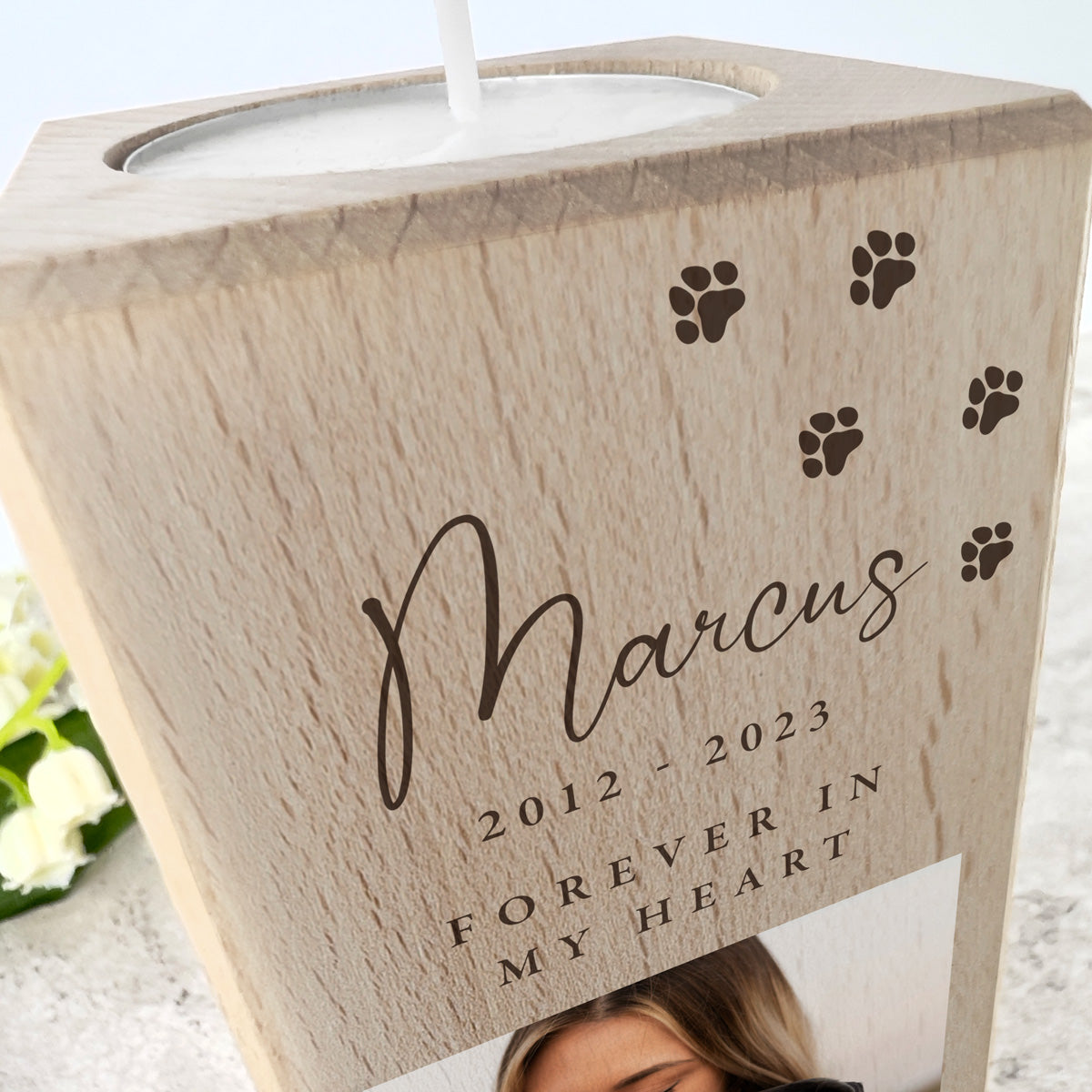 Personalized Solid Wood Pet Memorial Tea Light Holder - Engraved Photo Keepsake for Dogs & Cats - 2 Sizes (Small & Large) - Perfect for Pet Loss Remembrance, Memorial Gifts & Candlelight Tributes