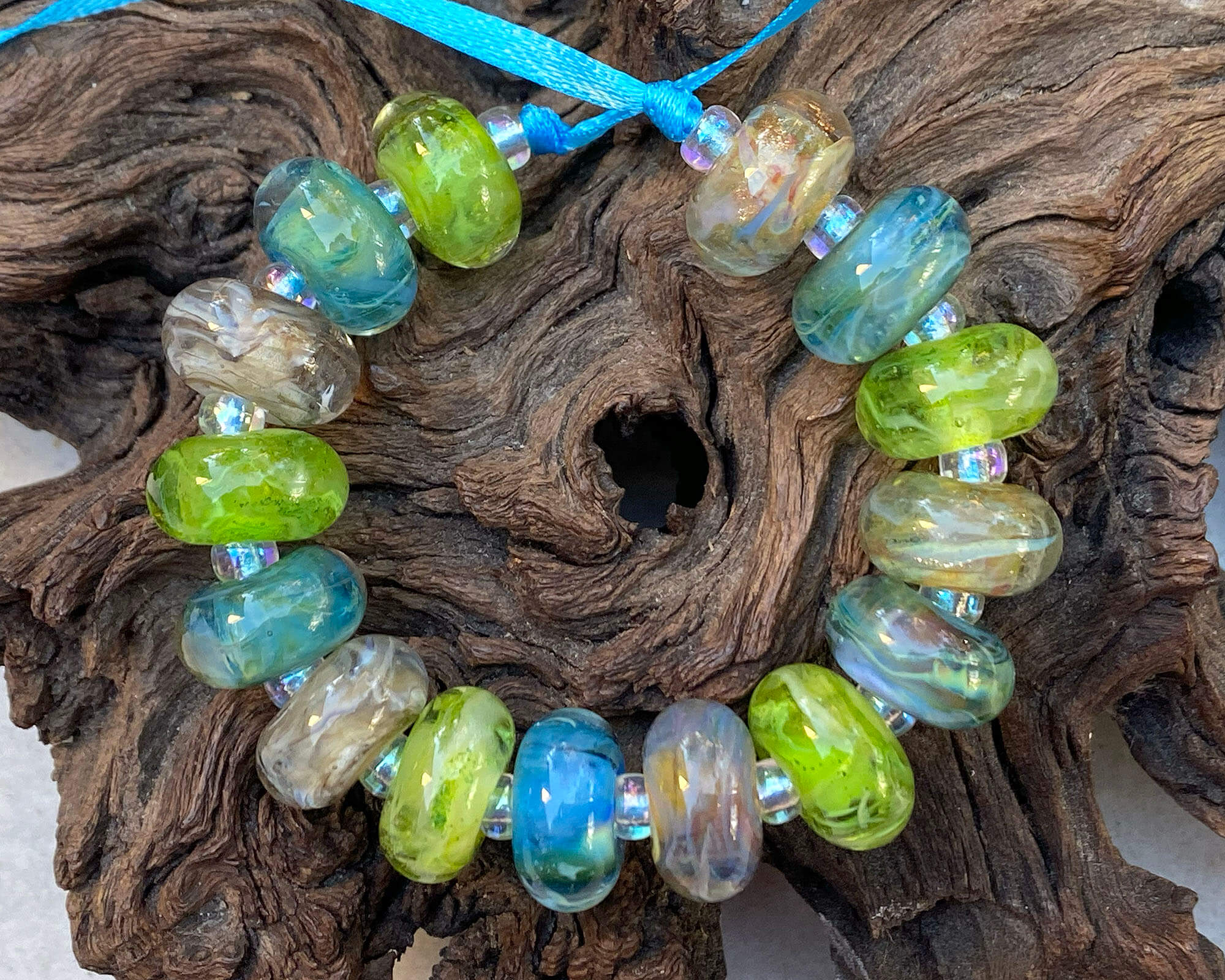 15 Bright Blue Green Swirls Lampwork Glass Beads Set for Jewelry Making - DIY Bracelets, Necklaces & Crafts (SRA)