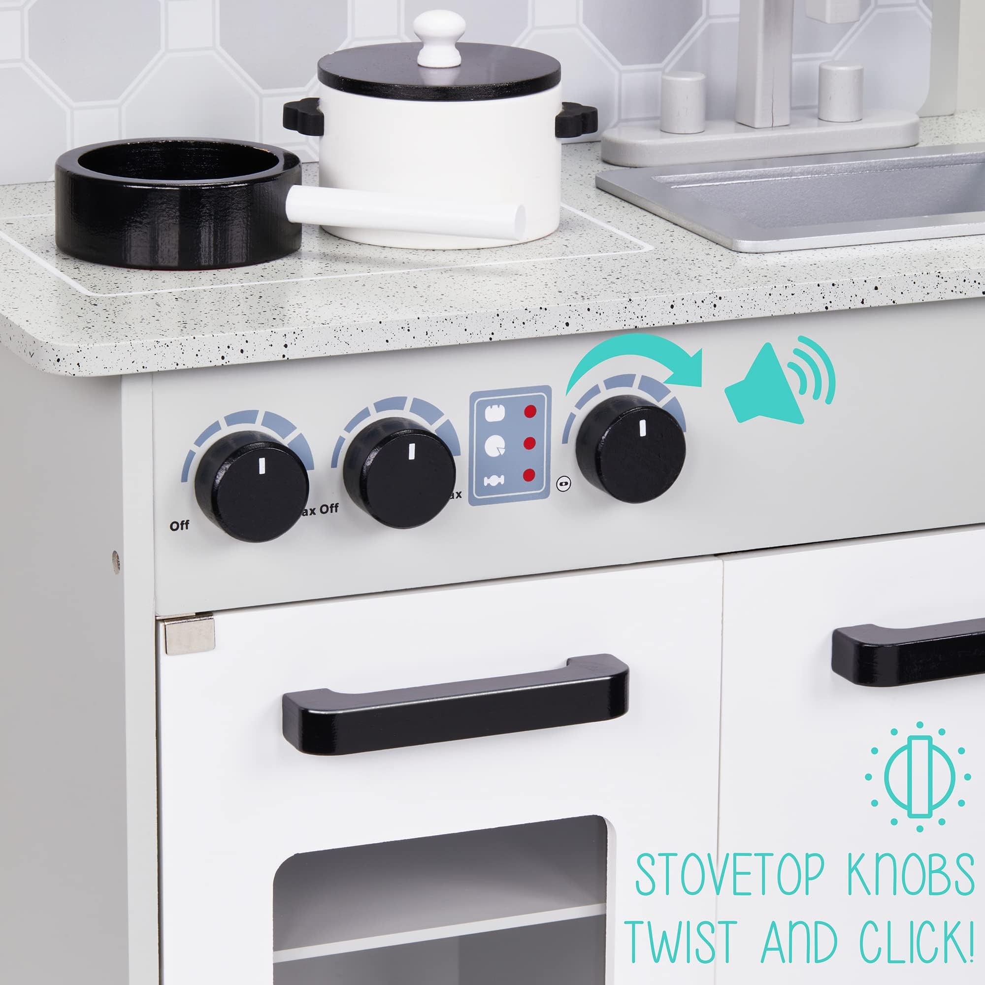 Lil' Jumbl Kids Pretend Kitchen Playset - Wooden Play Kitchen Toy with Realistic Setup, Includes Pot & Pan, 4 Utensils, Salt & Pepper Shaker (Gray) - Perfect for Imaginative Play, Role-Playing & Early Learning at Home or Preschool