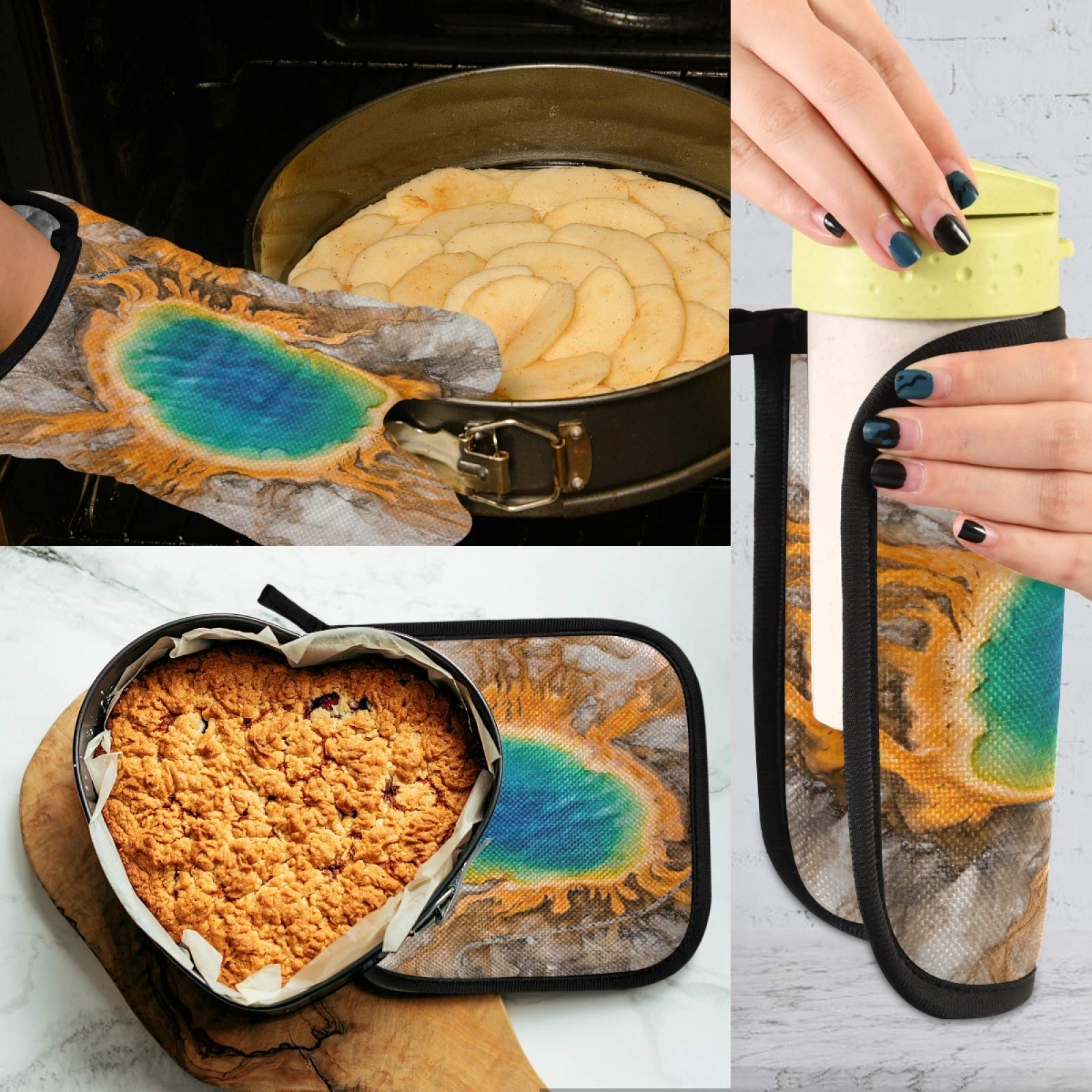 QUGRL Heat Resistant Oven Mitts & Pot Holders Set - Yellowstone National Park Inspired Grand Prismatic Spring Design - Kitchen Cooking Gloves for Baking, BBQ & Handling Hot Cookware - Perfect for Grilling, Baking & Everyday Kitchen Use