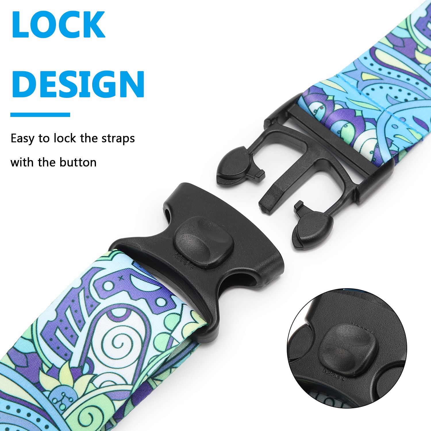 2 Pack 75'' x 2'' Adjustable Luggage Straps - Secure Travel Suitcase Belt with Heavy Duty Buckles for Airplane, Cruise & Train Trips - Blue Floral Design (Ideal for Organizing & Protecting Luggage During Travel)