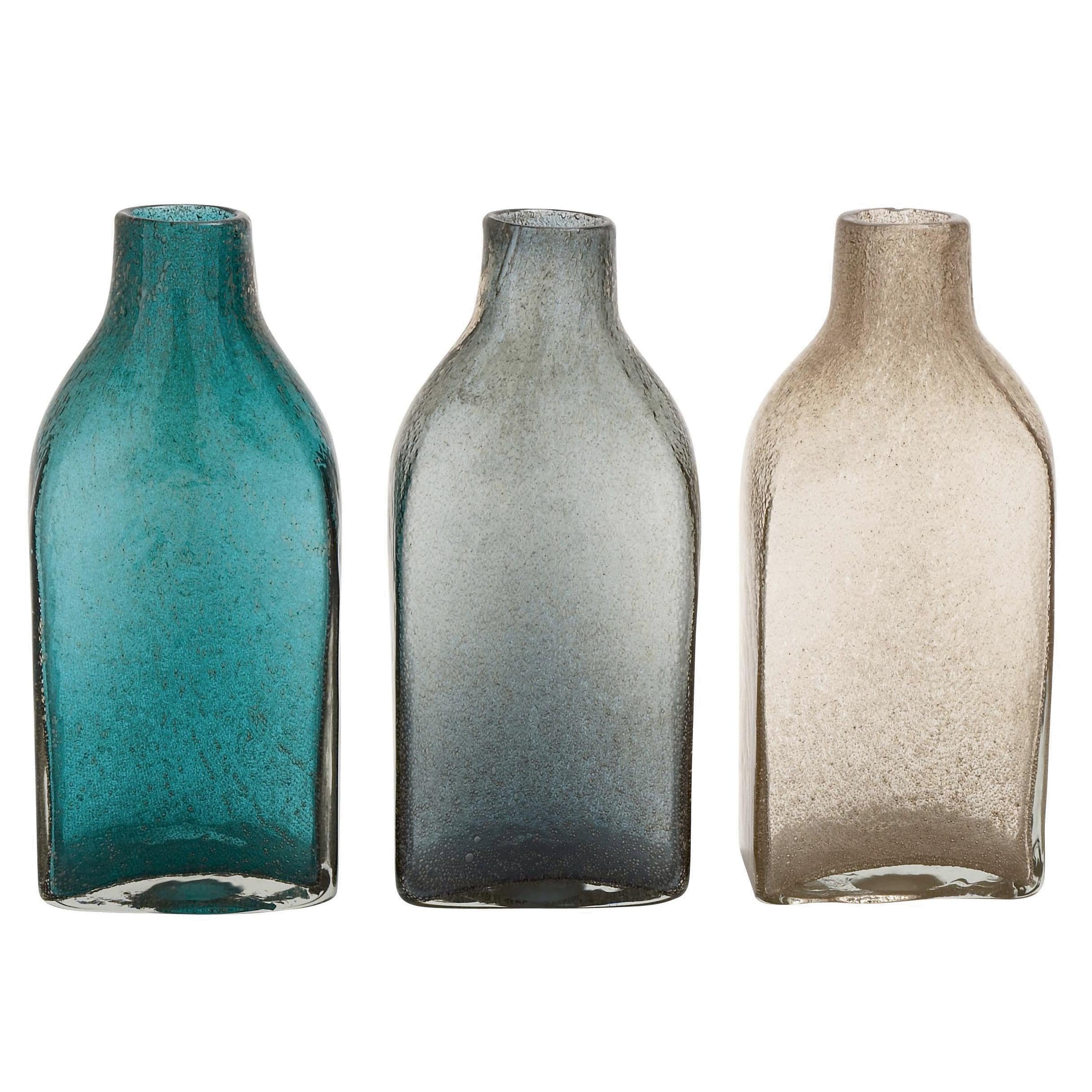 Deco 79 Coastal Glass Vase Set of 3 - 6x15 Inch Blue and White Striped Vases for Beach House Decor, Wedding Centerpieces, and Coastal Home Decor