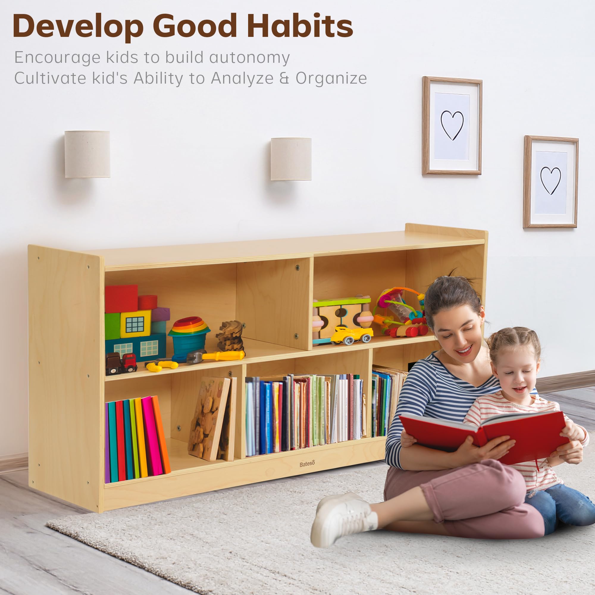 Large Wooden Toy Storage Organizer - 2-Shelf Montessori Bookshelf & 5-Section Kids Bookcase - Sturdy Classroom Storage Cabinet & Toddler Toy Shelf for Kids Room, Playroom, Nursery - Perfect for Organizing Toys, Books, and Learning Materials in Daycare, Preschool, or Home Play Areas