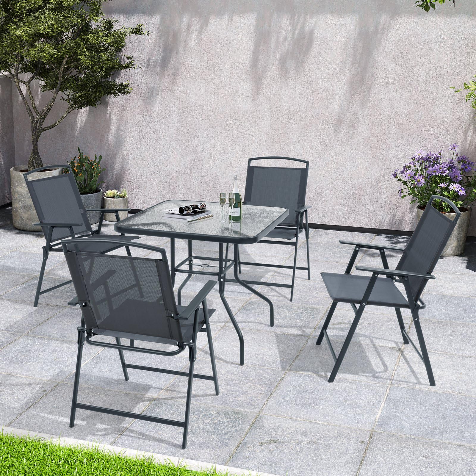 Crestlive 5-Piece Outdoor Patio Dining Set with 4 Folding Chairs & Square Glass Table - Grey Bistro Furniture for Garden, Backyard, Deck - Includes Umbrella Hole for Shade & Comfortable Outdoor Dining