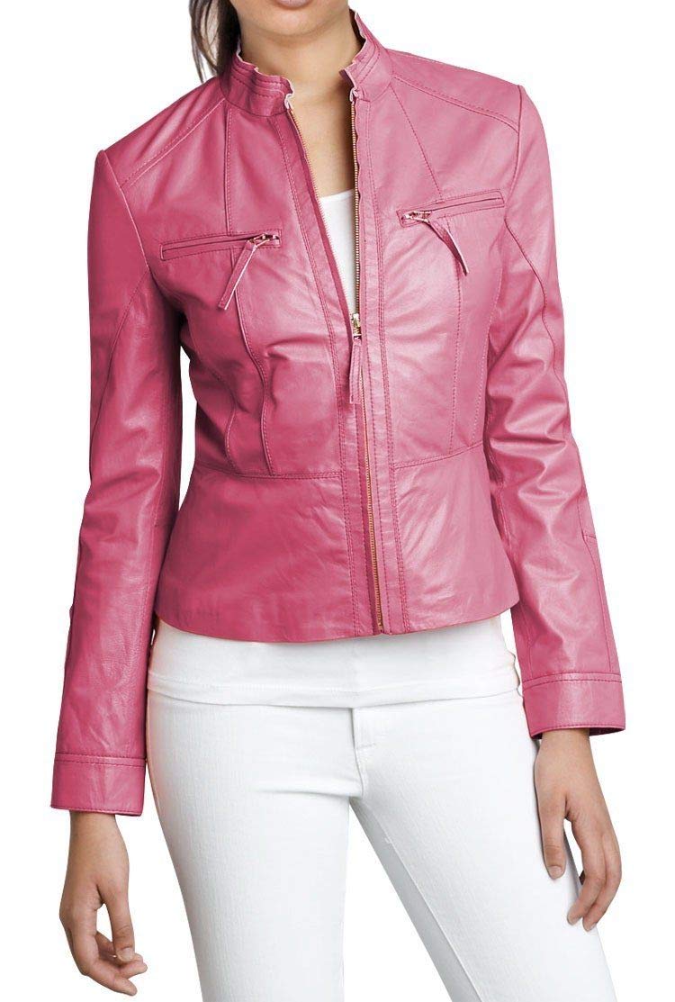 Stylish Women's Real Leather Biker Jacket - Classic Pink Outerwear for Casual Wear & Motorcycle Riding