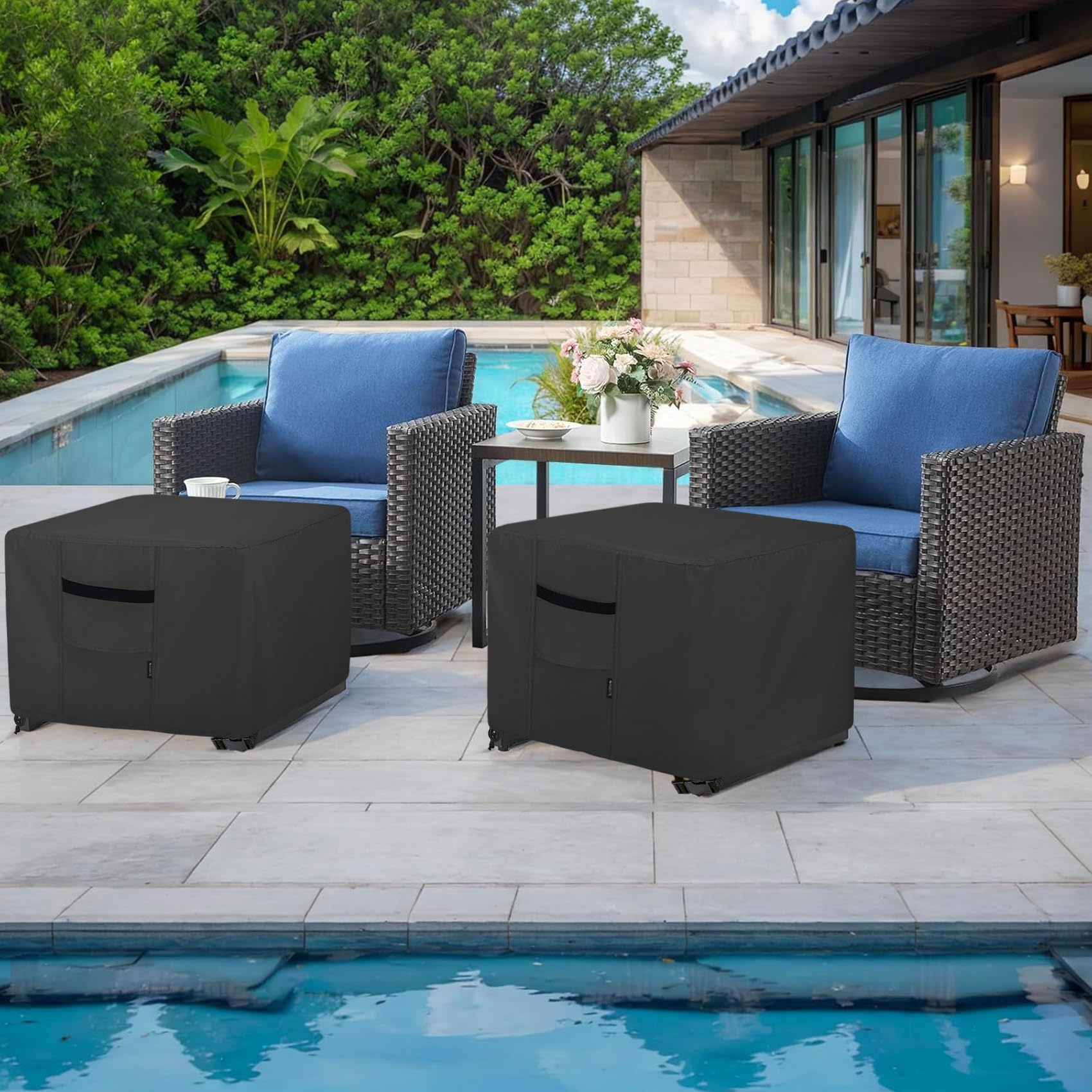 Waterproof Square Patio Ottoman Cover 22x22x17 Inches - Outdoor Furniture Protector for Side & End Tables - All-Weather Black Cover - Perfect for Backyard, Deck, and Garden Use