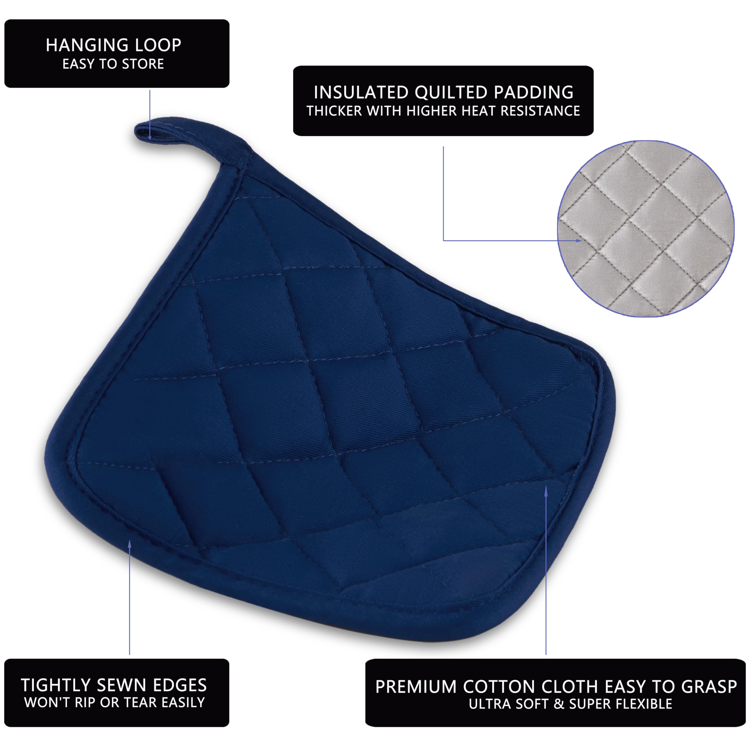Heat Resistant Cotton Kitchen Pot Holders Set - 7 x 7 Inch (Set of 6) Blue Terry Cloth Potholders with Trivets & Coasters for Cooking, Baking & Serving Hot Dishes - Perfect for Everyday Kitchen Use & Hosting Dinner Parties