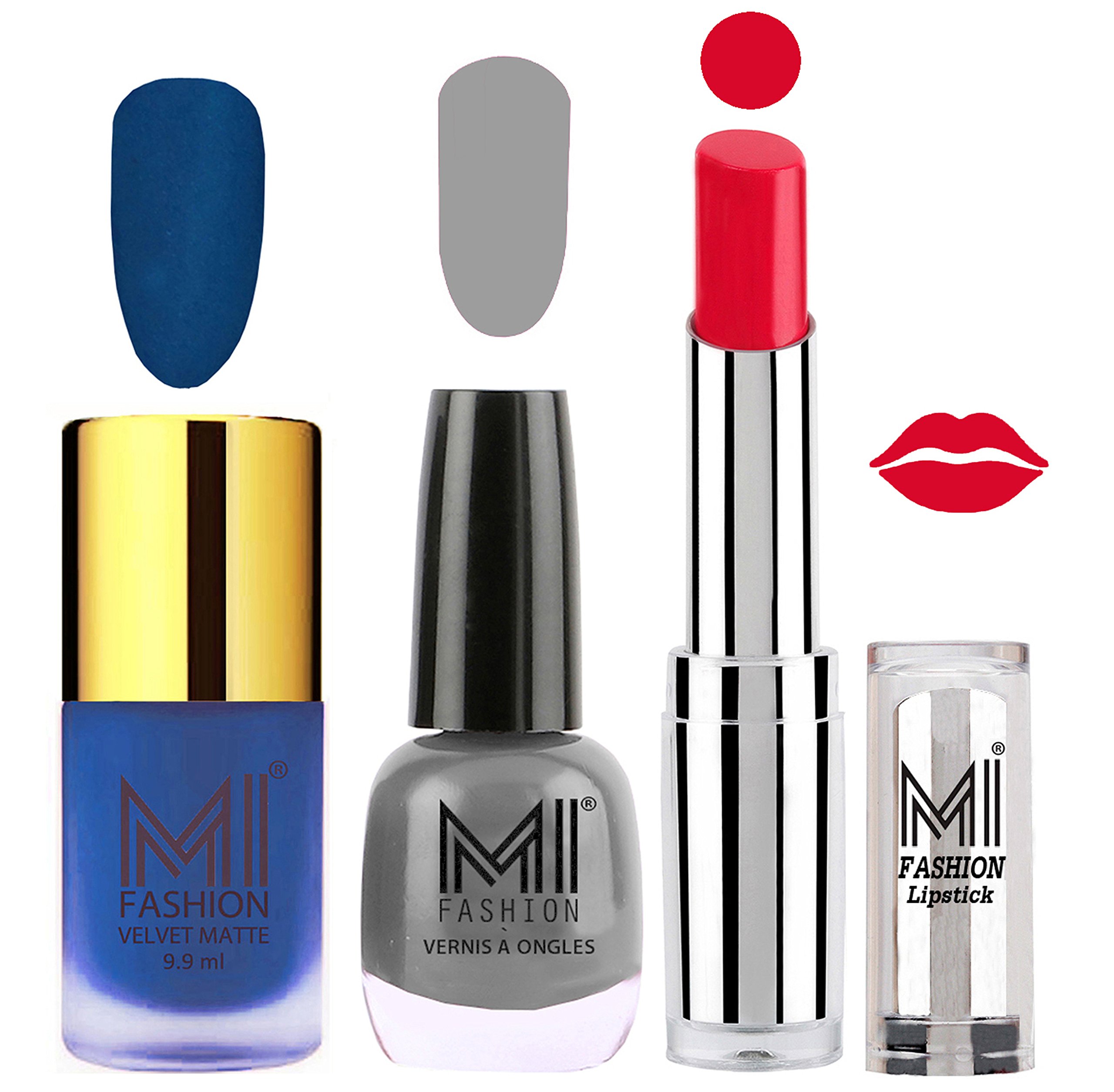 MI Fashion Long-Lasting Nail Polish & Lipstick Set - Matte Navy Blue Nail Polish, Shimmery Grey Nail Polish & Bold Red Lipstick Trio | Perfect for Parties, Date Nights & Special Occasions