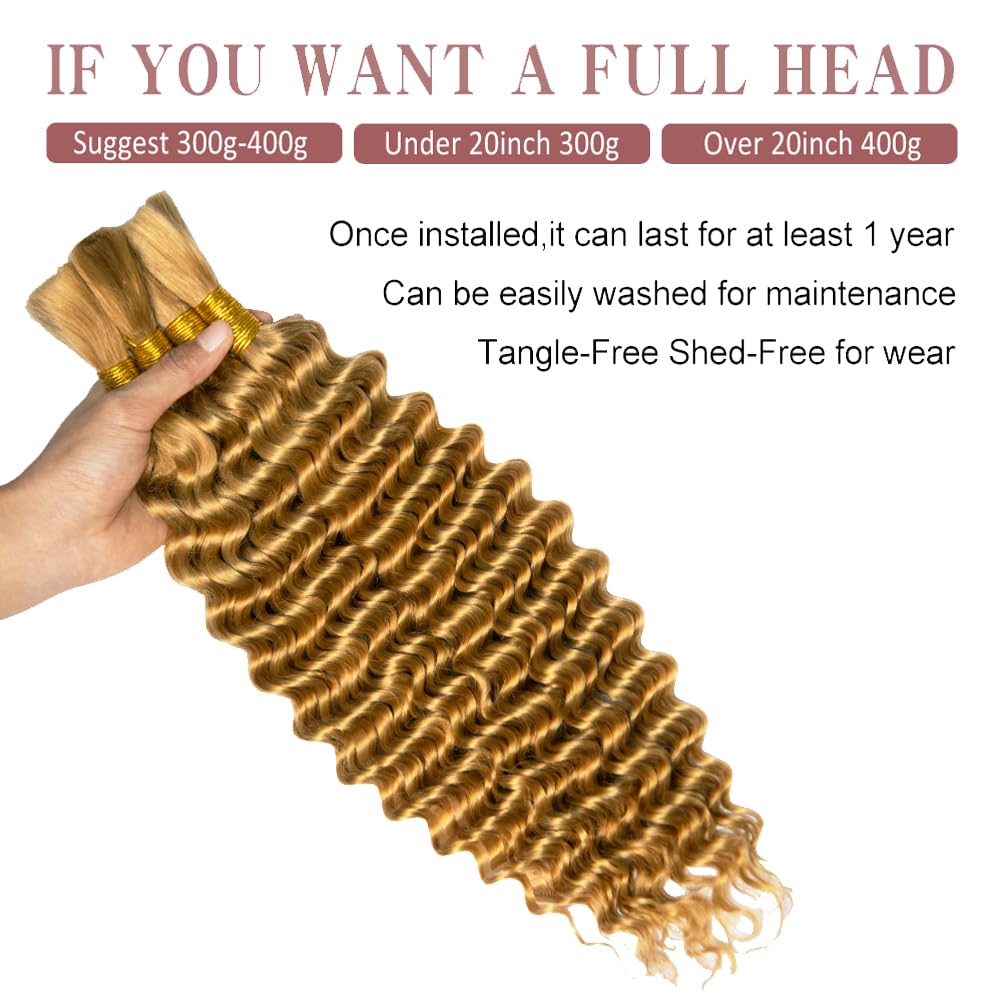Deep Wave Bulk Human Hair Extensions for Braiding - 100% Virgin Human Hair, No Weft, Honey Blonde (50g/Bundle X2, 27# - 30inch) - Perfect for Boho Braids, Crochet Styles & Protective Hairstyles