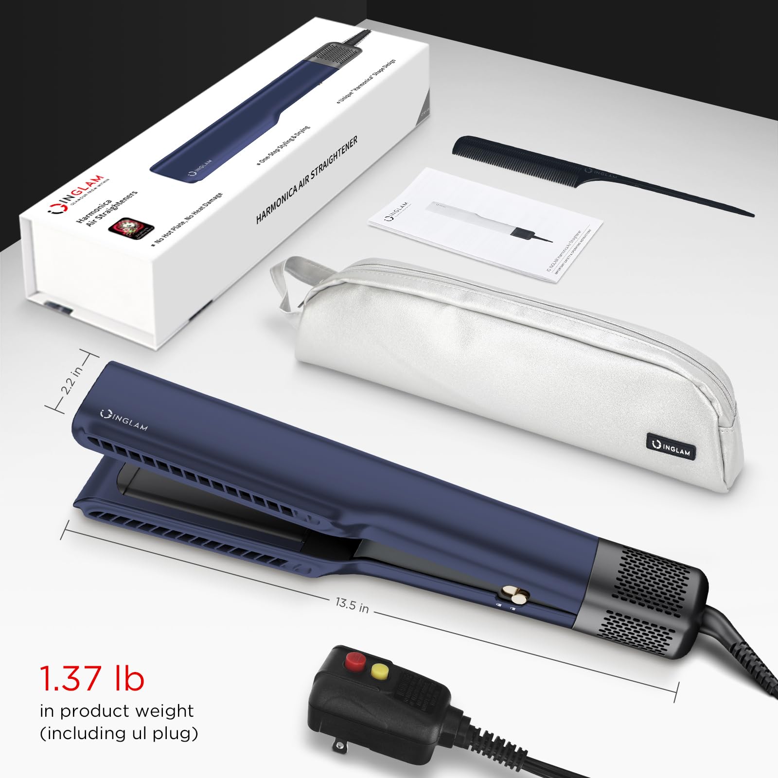 INGLAM 2-in-1 Ionic Hair Dryer Straightener for Medium to Long Hair (14”-30”) - Fast Drying & Straightening in One Step - Dark Blue Professional Styler - Perfect for Home Use, Travel & Salon Styling