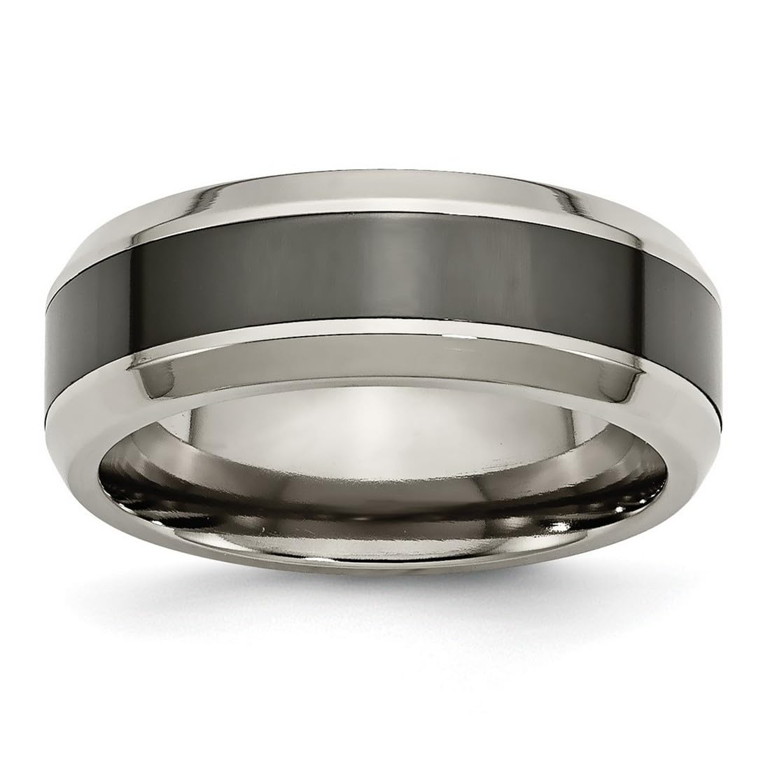 Titanium Black Ceramic Beveled Band Ring for Women & Men - Polished Wedding, Engagement, Fashion Jewelry - Available in Multiple Sizes