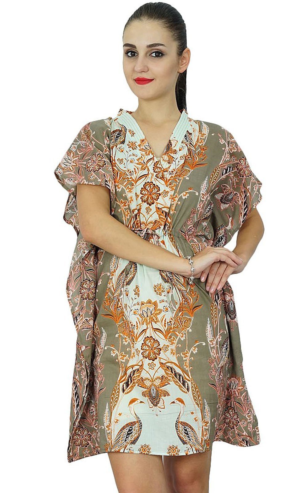 Bimba Women's Cotton Caftan Dress - Short Sleeve Beach Cover Up with Floral Print | Perfect for Poolside, Vacation & Summer Outfits