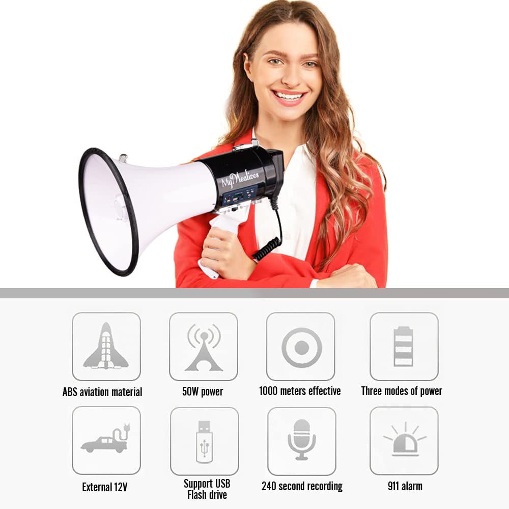 MyMealivos 50W Bluetooth Megaphone with Siren & Detachable Mic - Portable Bullhorn Speaker with AUX Input, Lightweight Strap - Perfect for Outdoor Events, Sports Games & Emergency Announcements