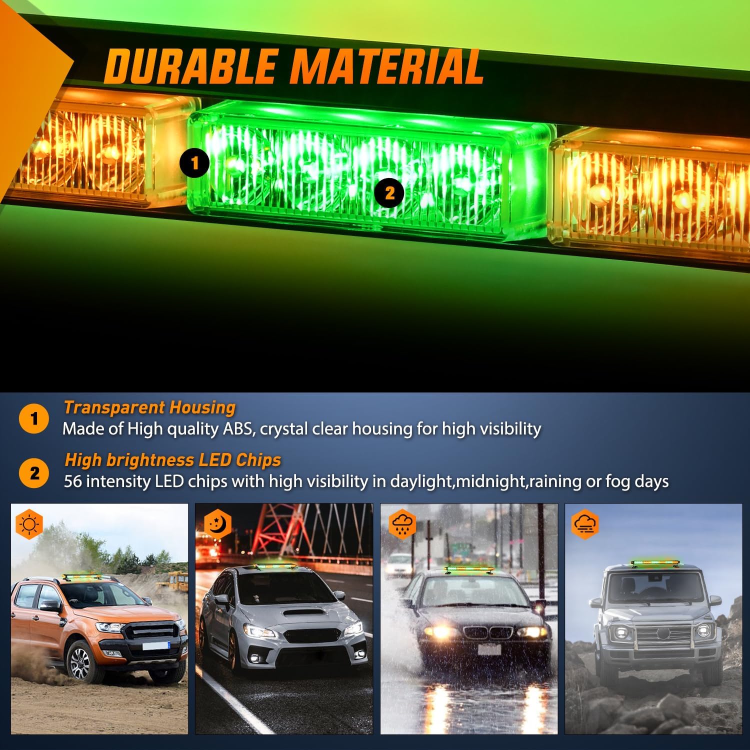 29.5 Inch Amber & Green LED Strobe Light Bar - 56 LED Emergency Warning Light with Magnetic Mount for Trucks, SUVs, Off-Road Vehicles | Hazard, Construction, Roadside Safety, Emergency Vehicle Use