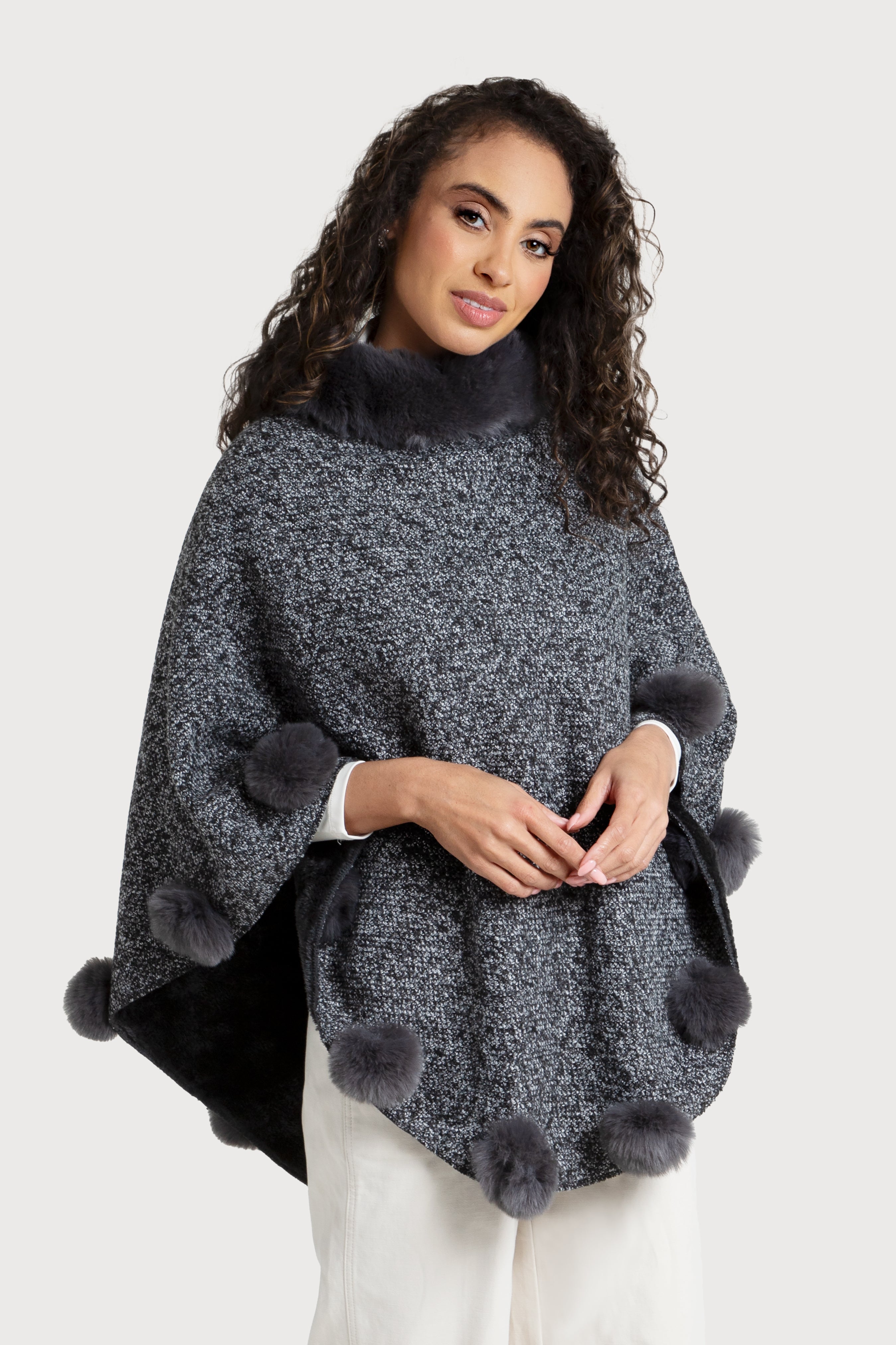 Cozy Faux Fur Poncho with Pom Pom Trim - Women's Winter Cape Shawl for Outdoor & Indoor Wear