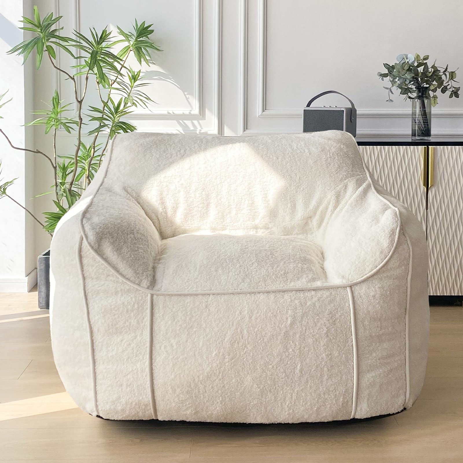 MAXYOYO Oversized Bean Bag Chair for Adults - Extra Large Fluffy Lounger with Decorative Stitching - Soft White Faux Fur Living Room Couch - Perfect for Relaxing, Gaming & Movie Nights