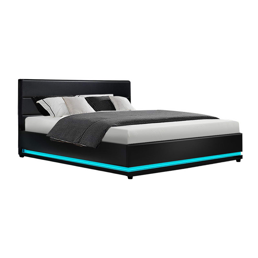 Henley Queen Gas Lift Storage Bed Frame with LED Lights - Black, Modern Platform Bed with Hidden Storage & USB Ports, Perfect for Small Bedrooms & Guest Rooms