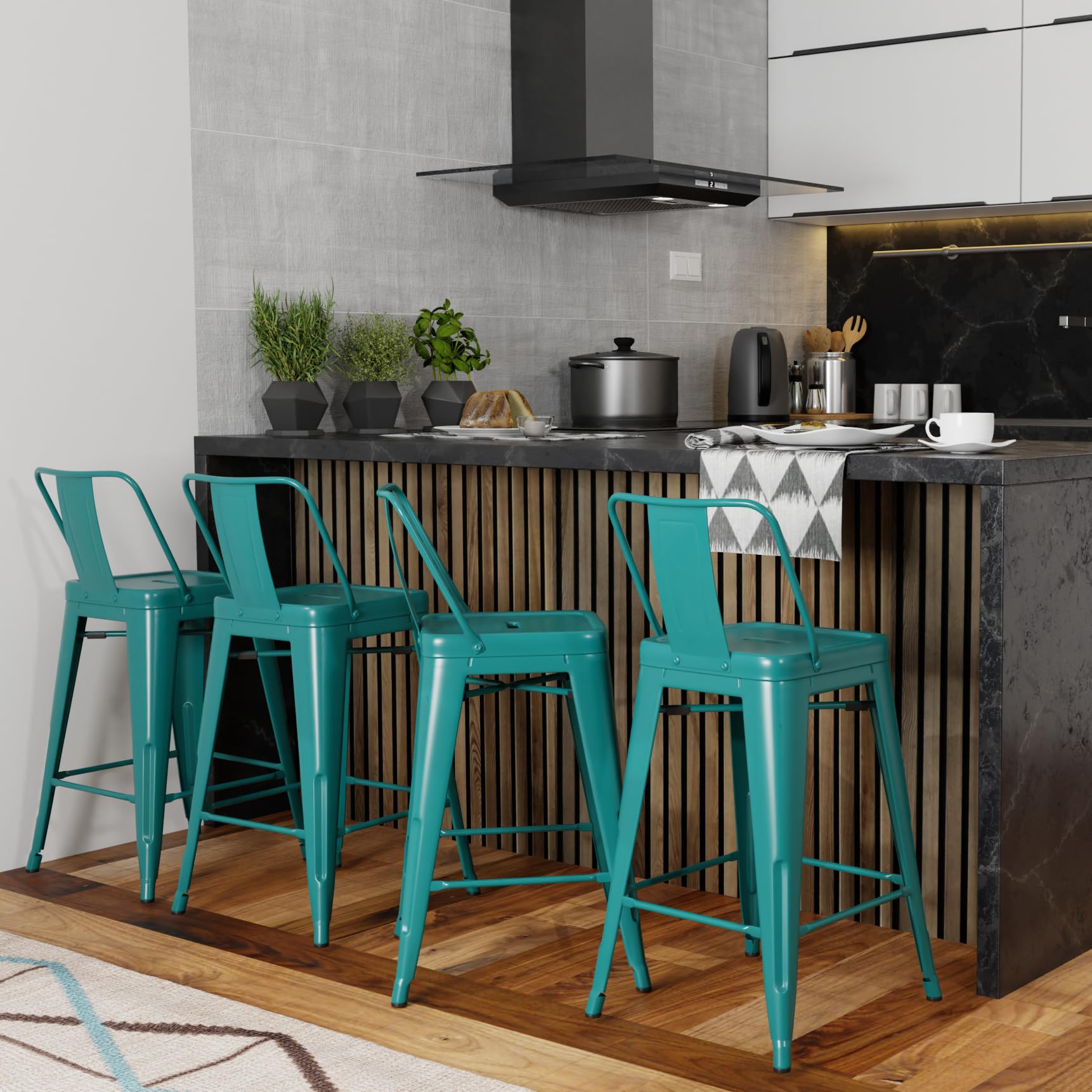 SIMPLIHOME Rayne 24 Inch Counter Height Stool - Set of 4, Teal Blue Metal Bar Stools with Square Seat for Kitchen Island, Breakfast Nook & Dining Room - Modern Home Decor & Comfortable Seating