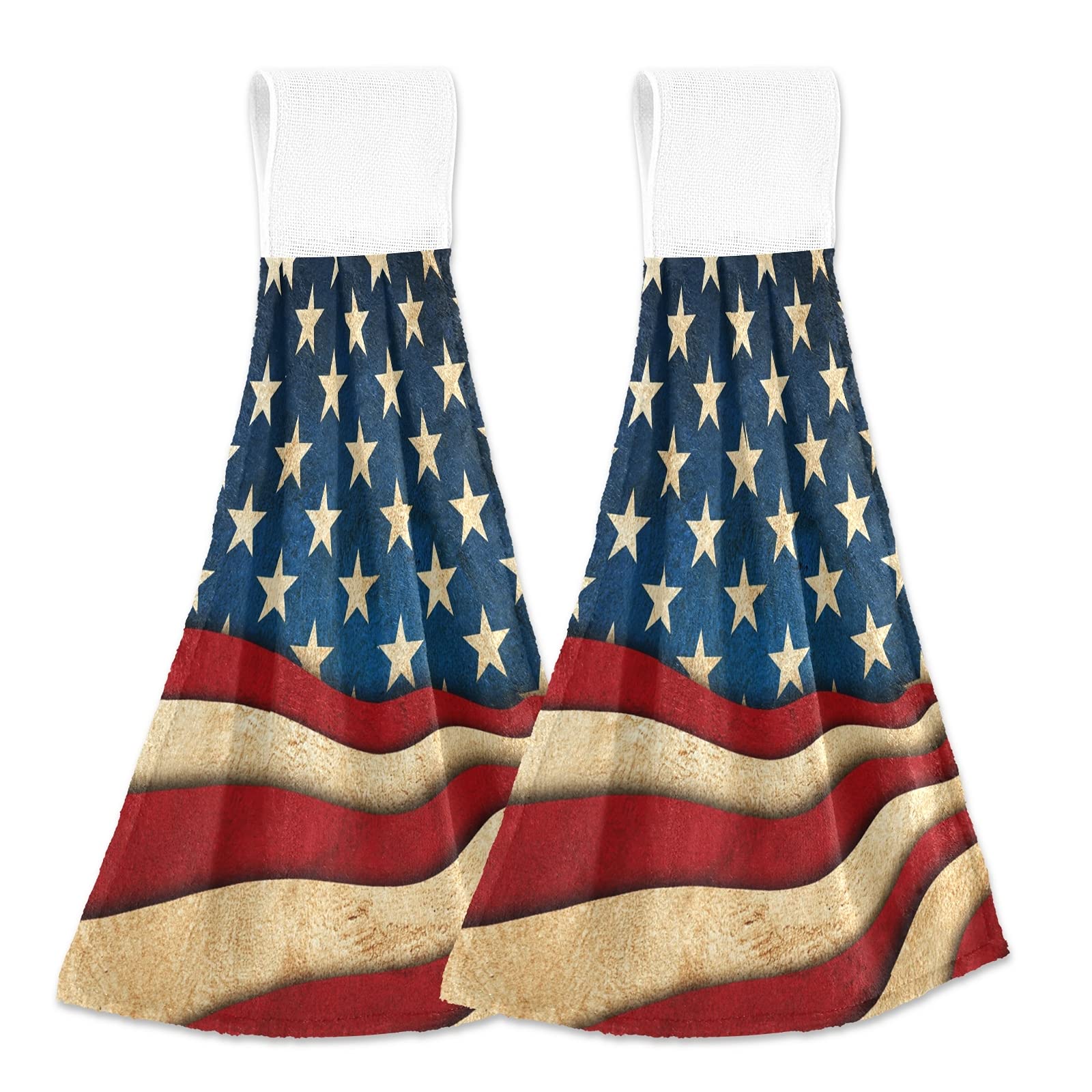 ZZKKO American Flag Kitchen Hand Towel Set of 2 - Absorbent Hanging Towels with Hook & Loop for Home Decor, Bath & Kitchen Use - Patriotic Hand Towel for Dish Drying, Wall Decor & Gift Giving